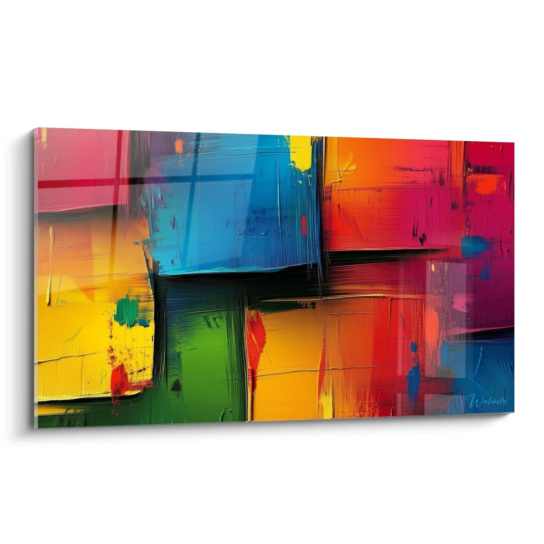 Wandbild abstrakte Kunst mit bunten geometrischen Formen in Malerei-Optik für moderne Wohnräume