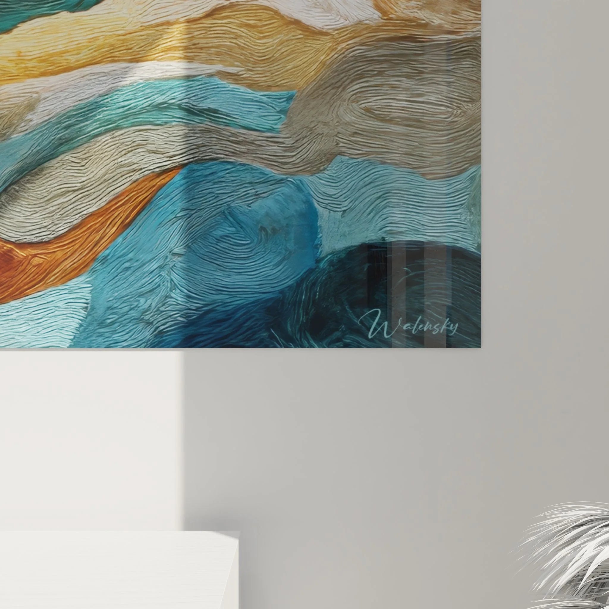 Gesamtansicht Wandbild abstrakte Wellen Kunst mit fließenden Farbübergängen und Schichtungen