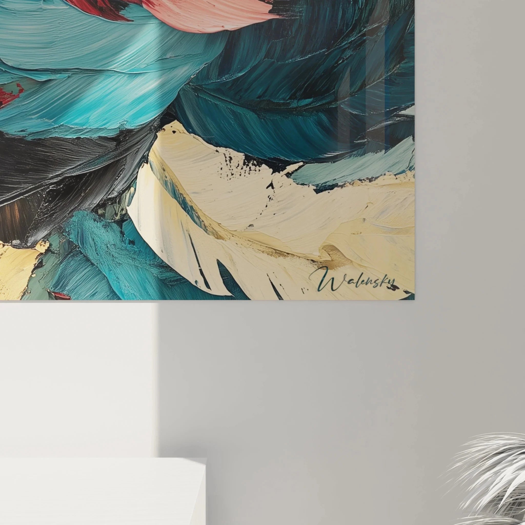 Gesamtansicht abstraktes Wandbild Blütenpracht, spiralförmige Komposition in Türkis-Rot-Nuancen