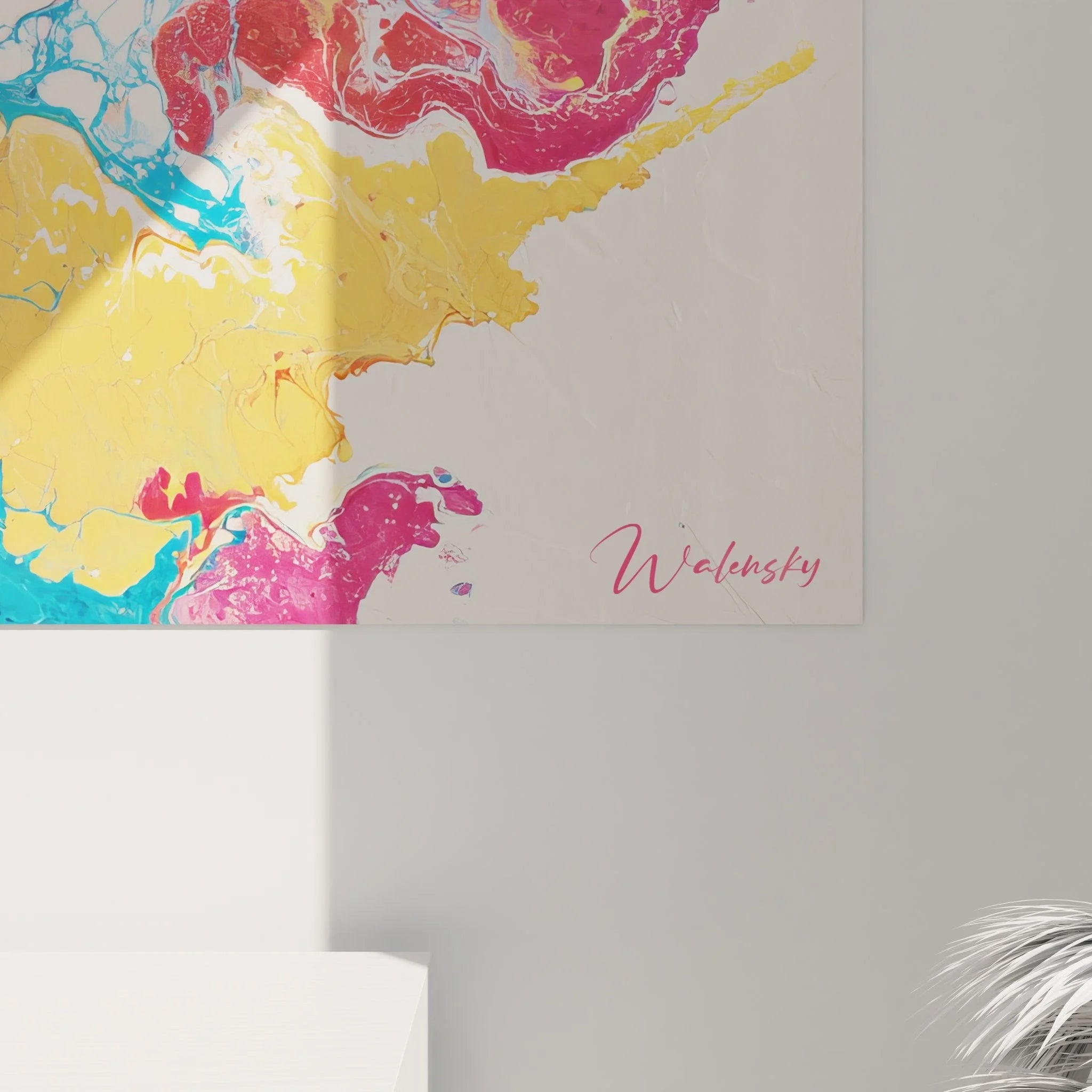 Wandbild abstrakte Kunst Gesamtansicht Farbexplosion Blau Rosa Gelb Edition Malerei-Optik