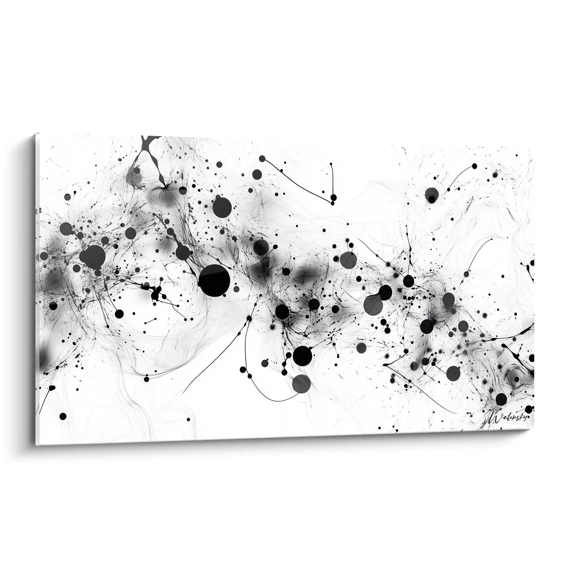 Wandbild abstrakte Kunst schwarz-weiß mit molekularen Strukturen und Verbindungslinien