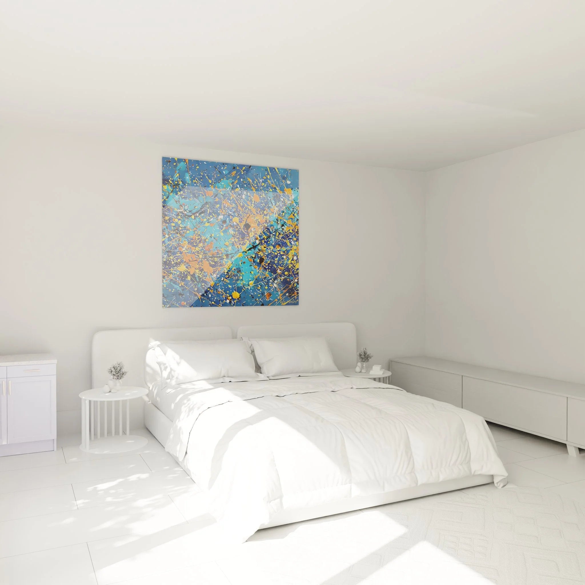 Modernes Wandbild abstrakte Kunst als Schlafzimmer Dekoration in dynamischer Malerei-Optik