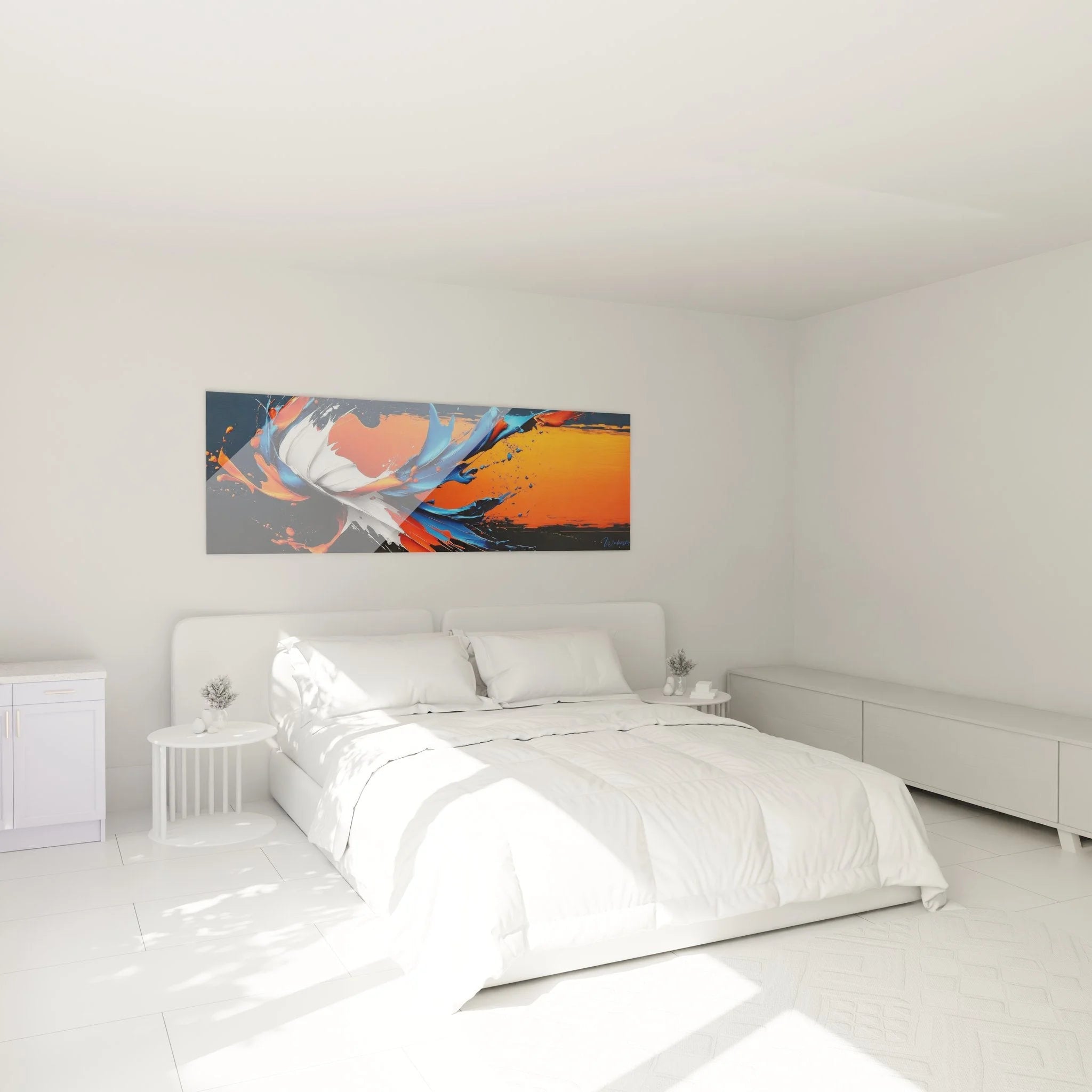 Modernes Wandbild abstrakte Farbexplosion über Bett im Schlafzimmer, Orange Blau Wanddeko XXL