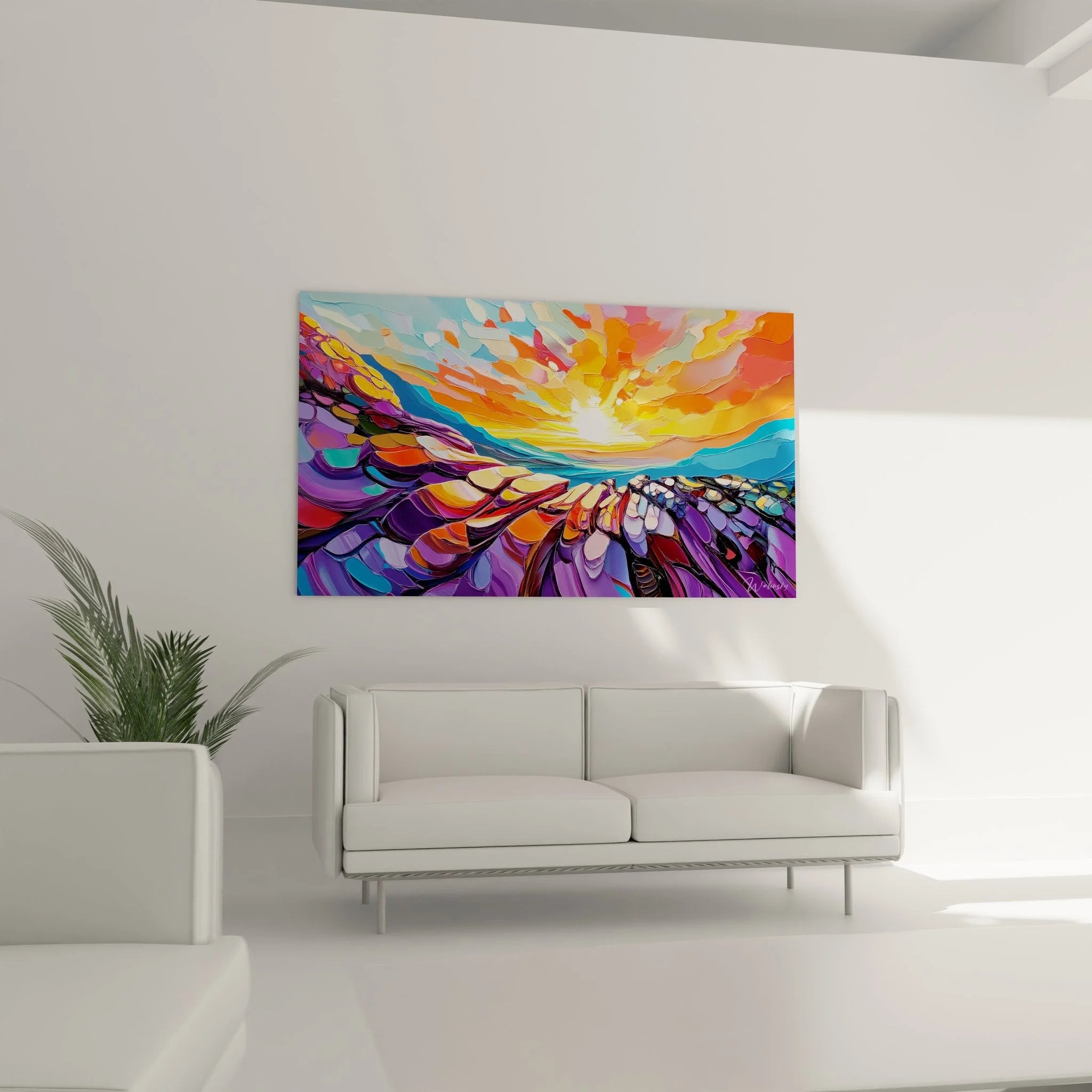 Nahaufnahme Wandbild abstrakte Landschaft, detaillierte Pinselstriche in Malerei-Optik Stil