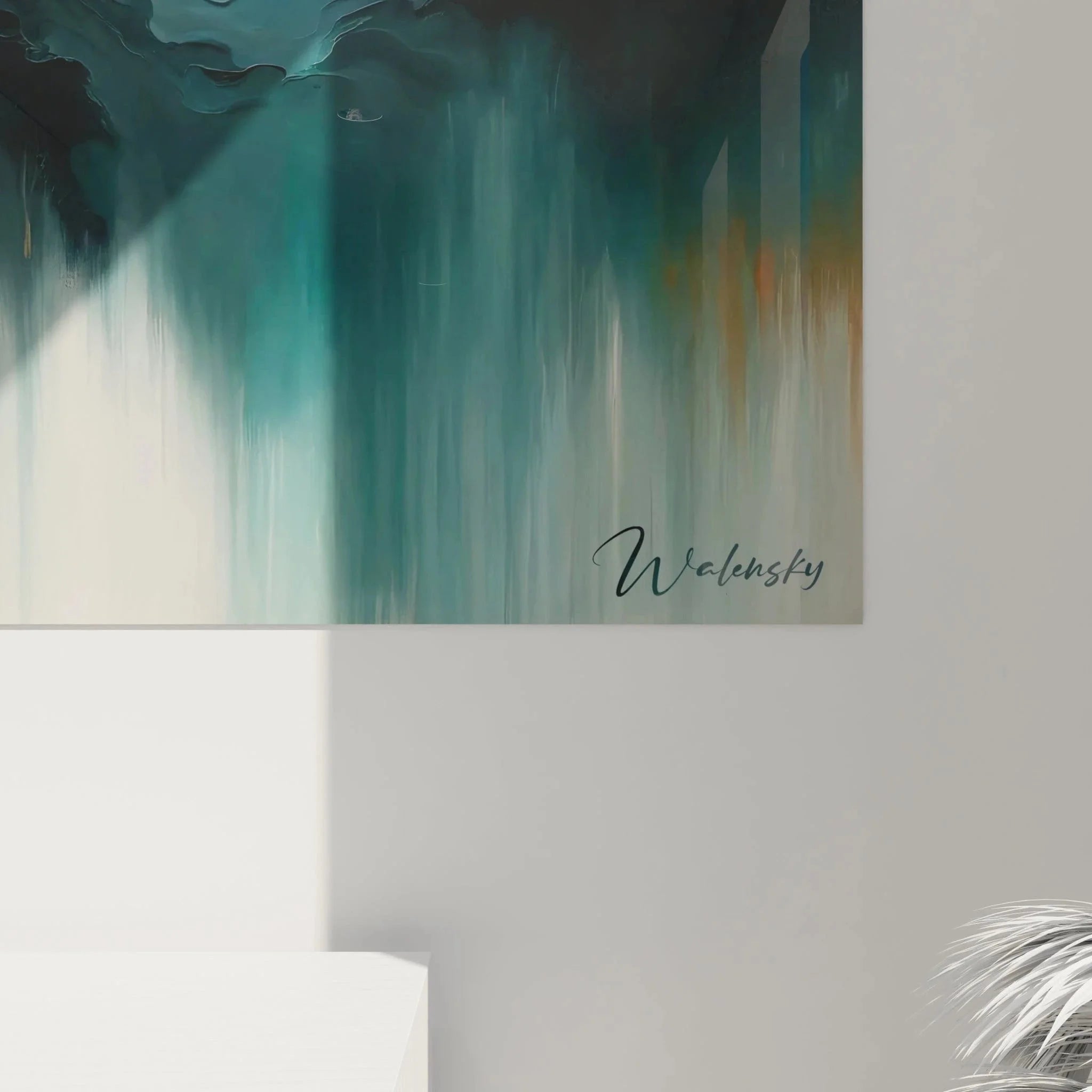 Gesamtansicht Wandbild abstrakte Landschaft expressionistische Edition Goldwellen Türkis Komposition