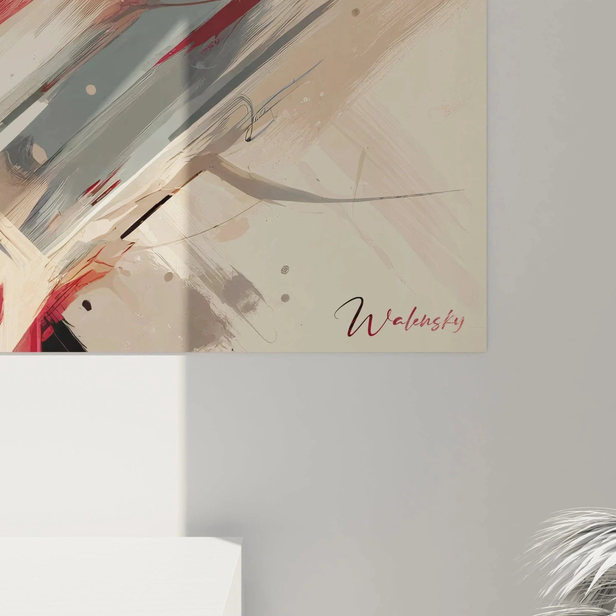 Gesamtansicht Wandbild abstrakte Malerei mit kraftvollen Bewegungen in Rot Schwarz Beige Tönen