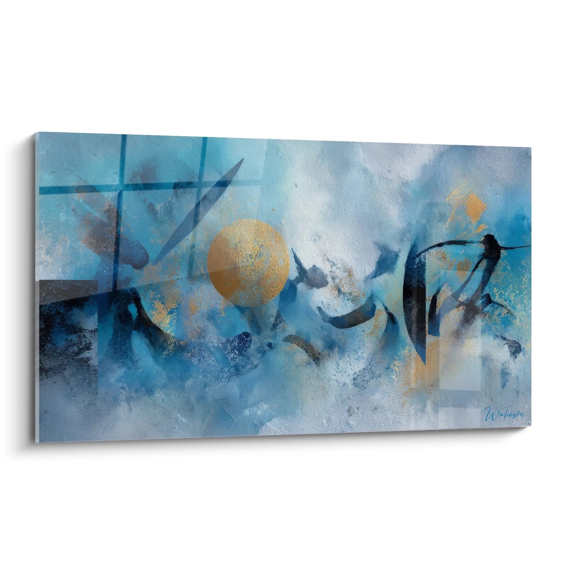 Wandbild abstrakte Meereslandschaft mit goldenem Mond in blauen Farbtönen - Edition Abstrakte Landschaft