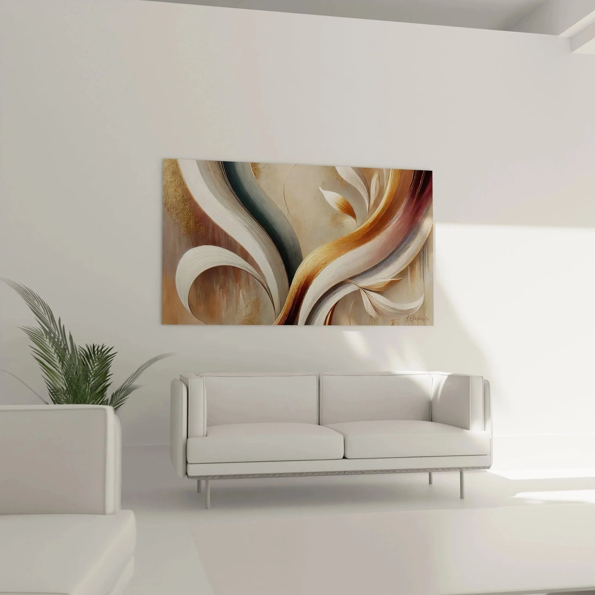 Detailaufnahme Wandbild abstrakte Schwünge - Acryl-Optik zeigt fließende Bewegungslinien in Braun- und Beigetönen