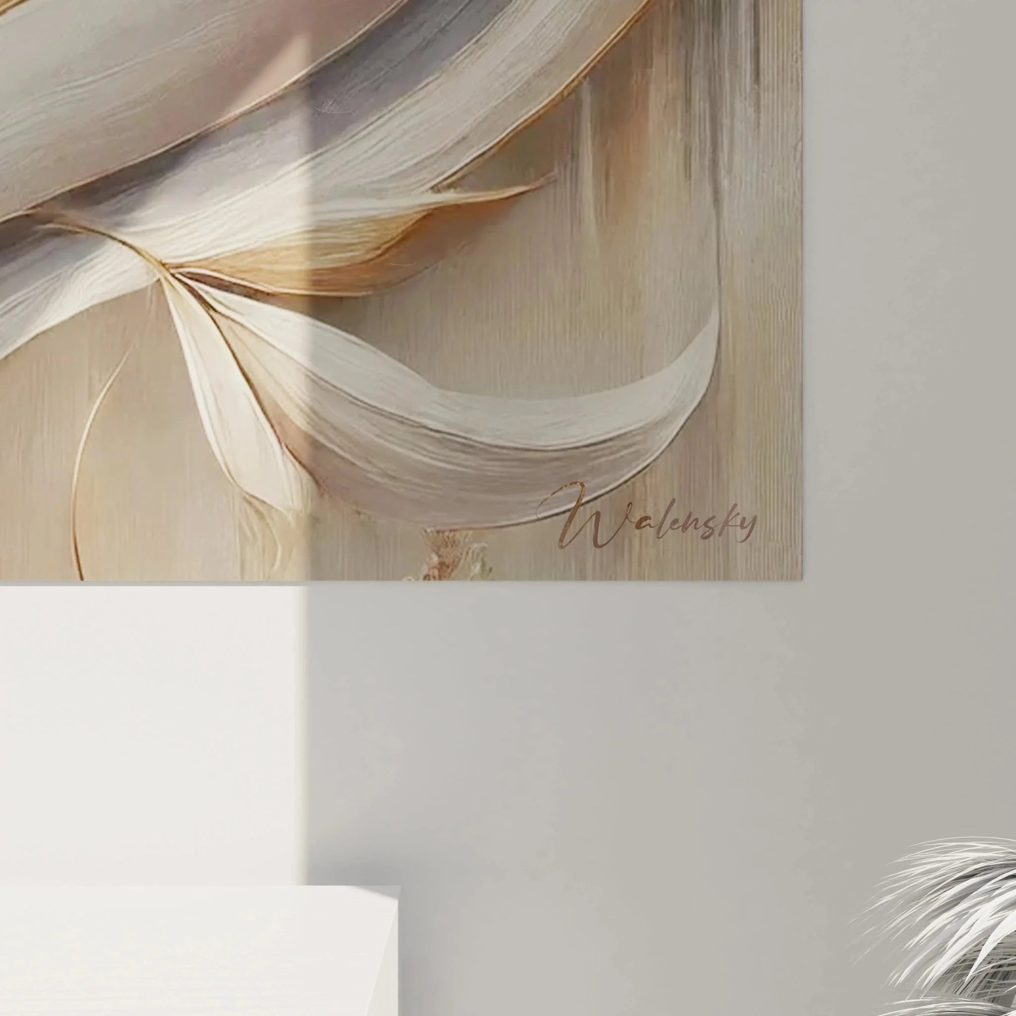 Gesamtansicht Wandbild abstrakte Schwünge - moderne Wanddekoration mit organischen Formen in warmen Farben