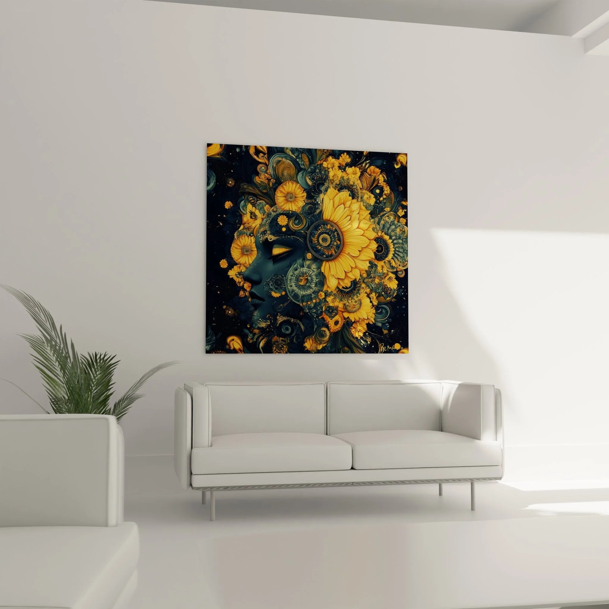 Detailansicht Wandbild abstrakte Sonnenblumen mit Frauenprofil - Fraktal Wandkunst Nahaufnahme