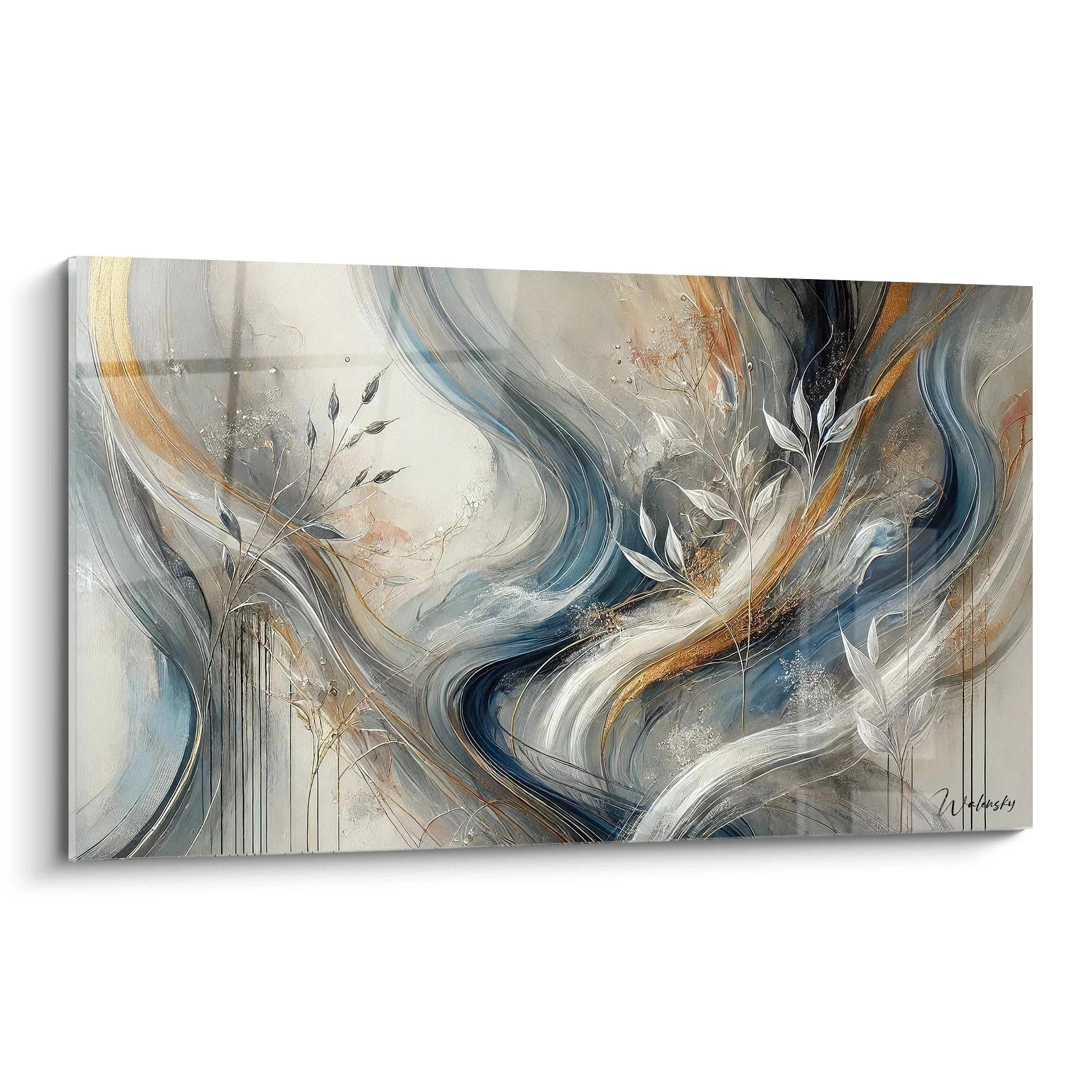 Abstraktes Wandbild mit fließenden blauen und goldenen Formen sowie botanischen Elementen in Acryl-Optik