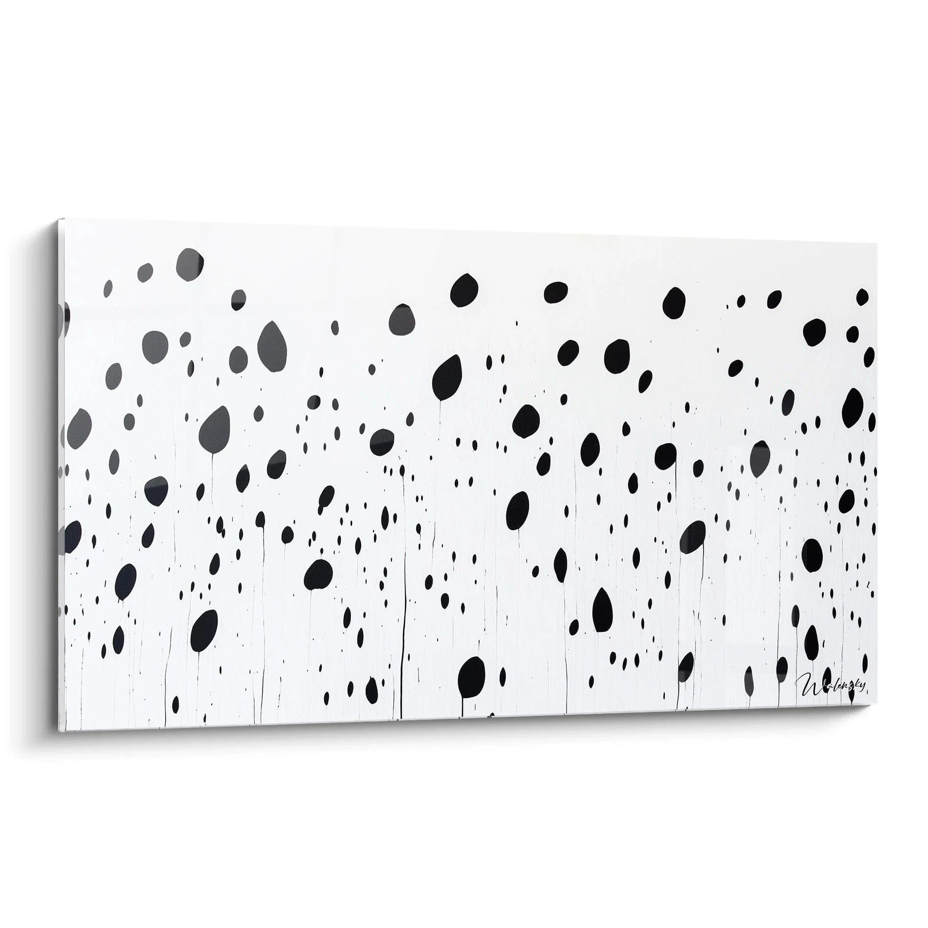 Wandbild abstrakte schwarze Tropfen auf weißem Hintergrund, minimalistische Kunst in Schwarz-Weiß