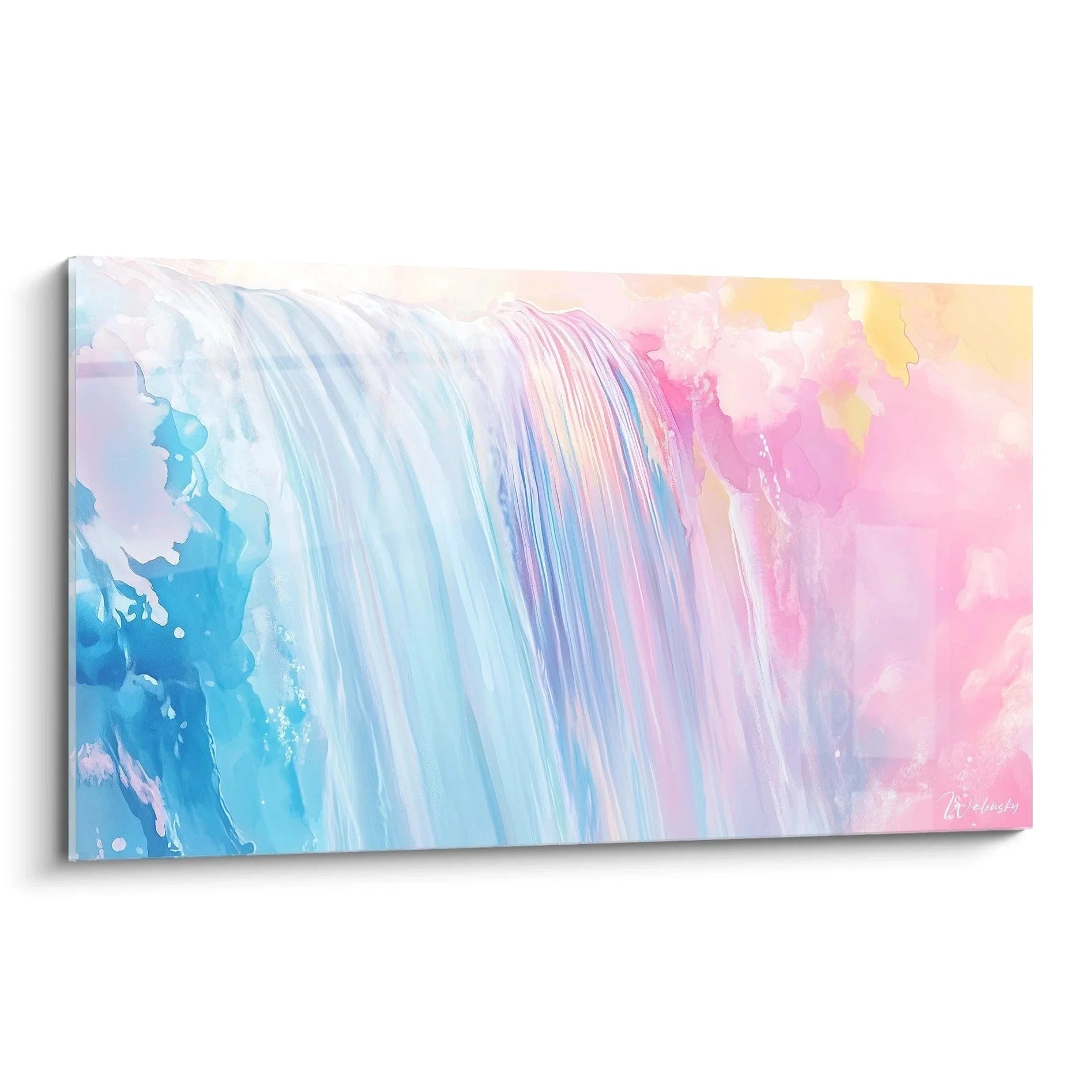 Wandbild abstrakte Wasserfälle in Pastellfarben Rosa und Blau mit fließenden Formen auf Leinwand