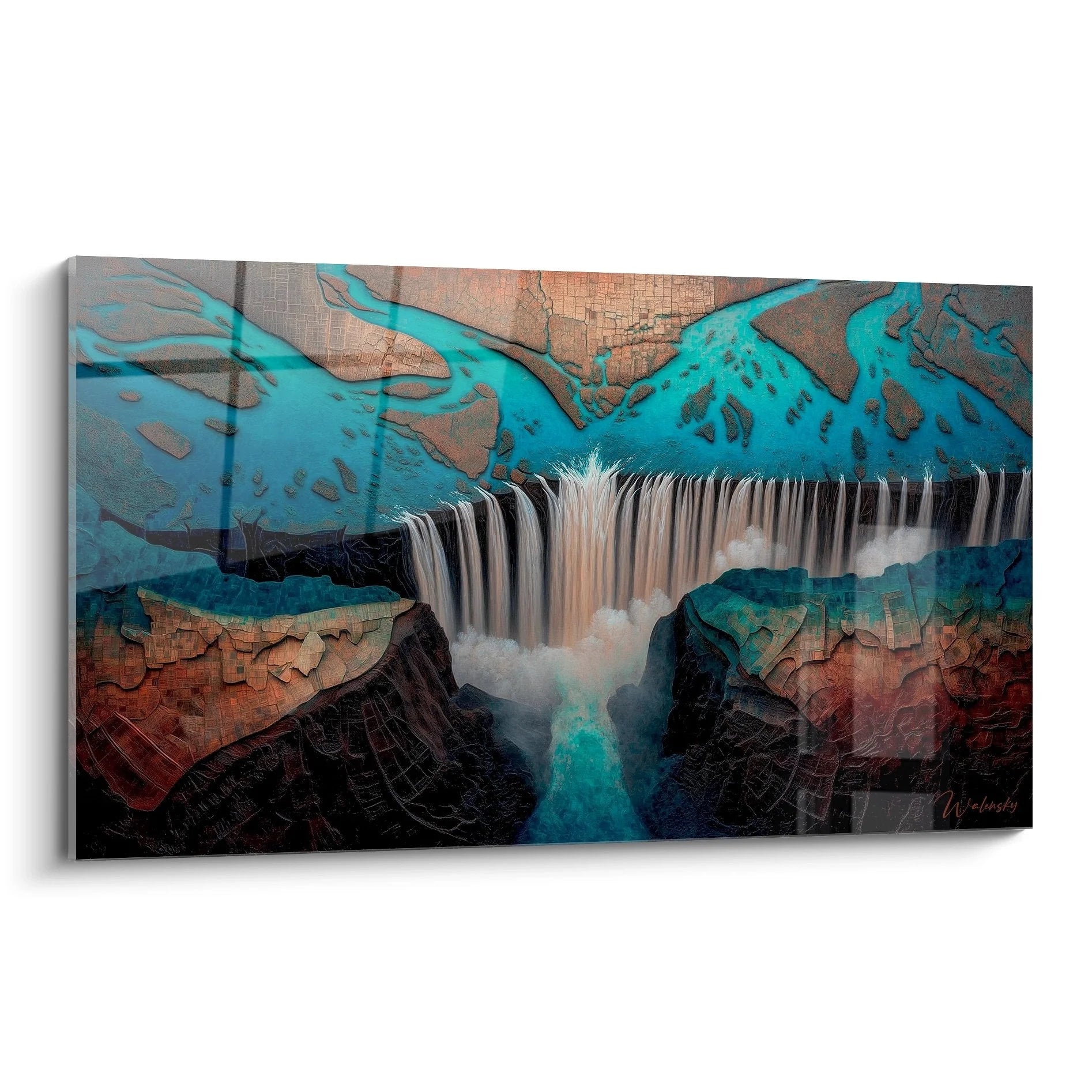 Wandbild abstrakte Wasserfall Landschaft in türkis-bronze mit dramatischem Wasserfall über Felsklippen