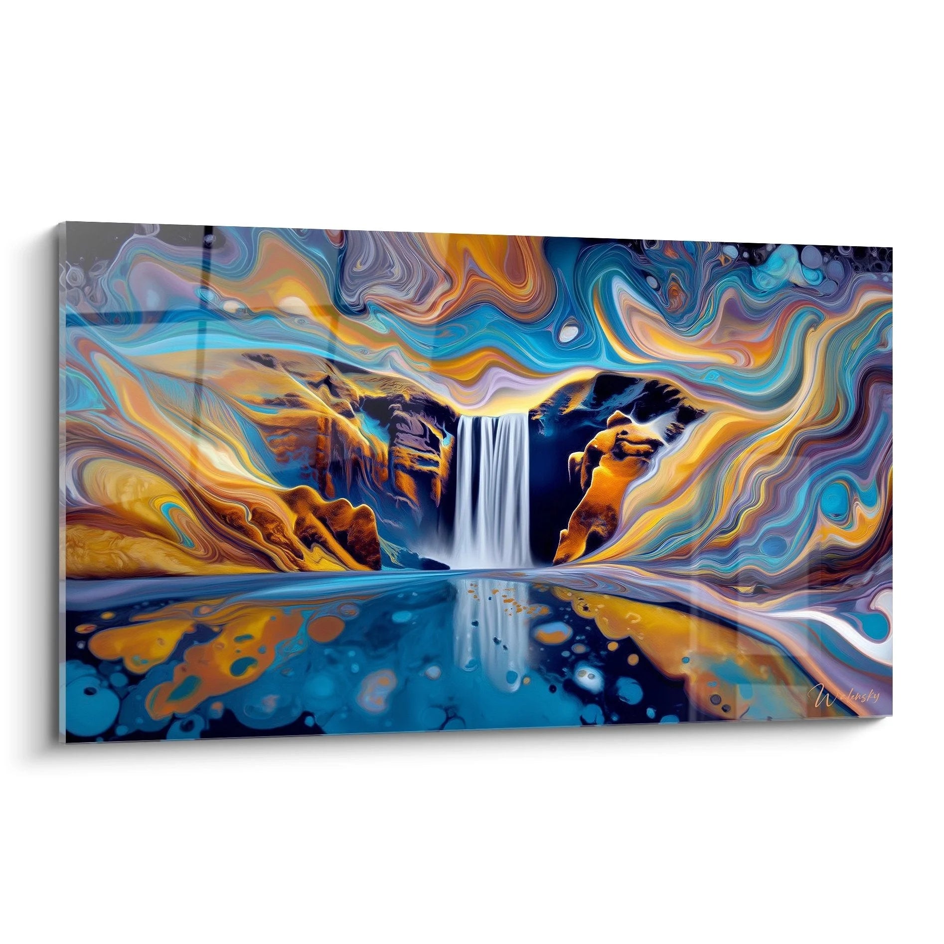 Wandbild abstrakte Wasserfalllandschaft mit fluiden Farbwellen in Blau Orange für moderne Wanddekoration