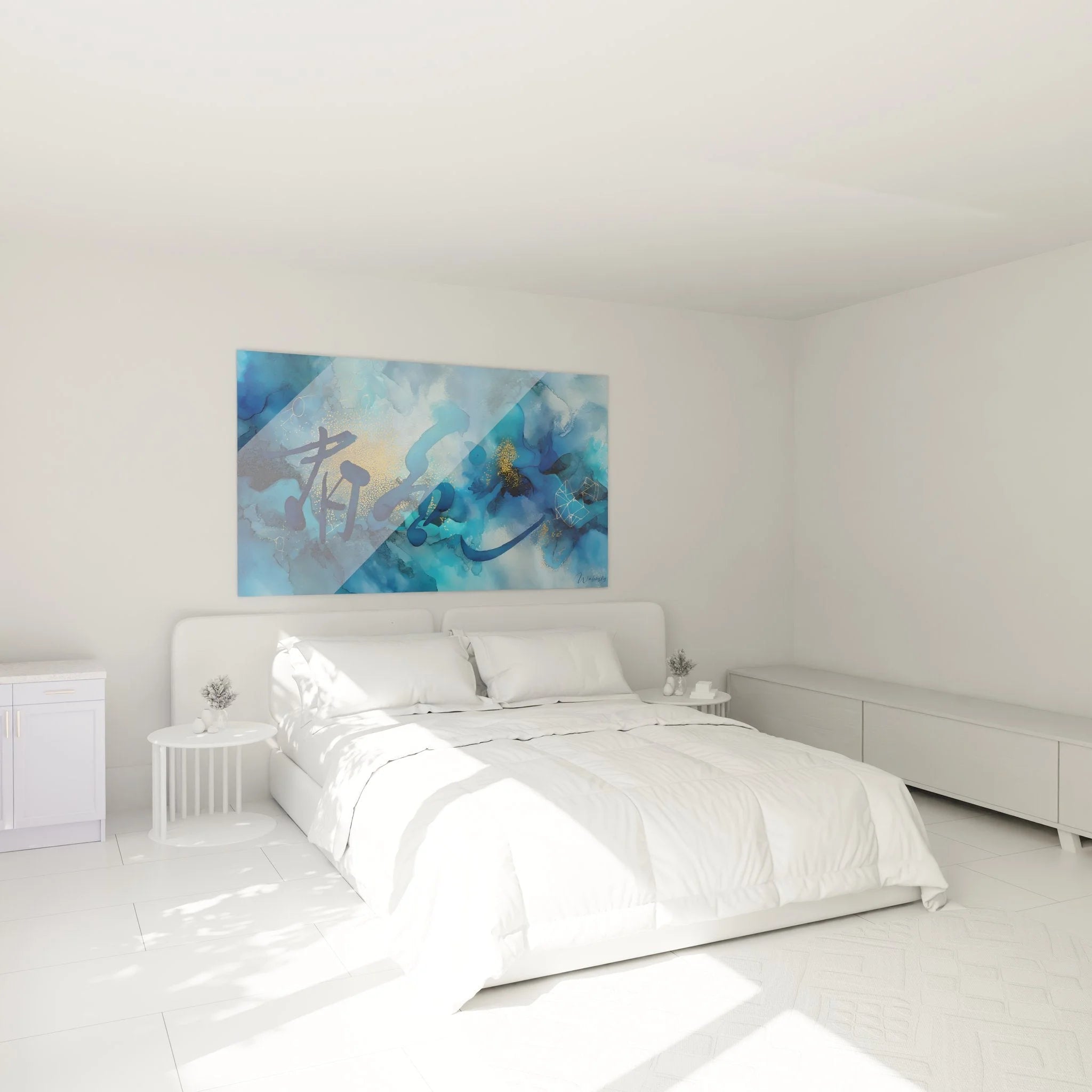 Wandbild abstrakte Wasserlandschaft in blau-gold in modernem Schlafzimmer Ambiente