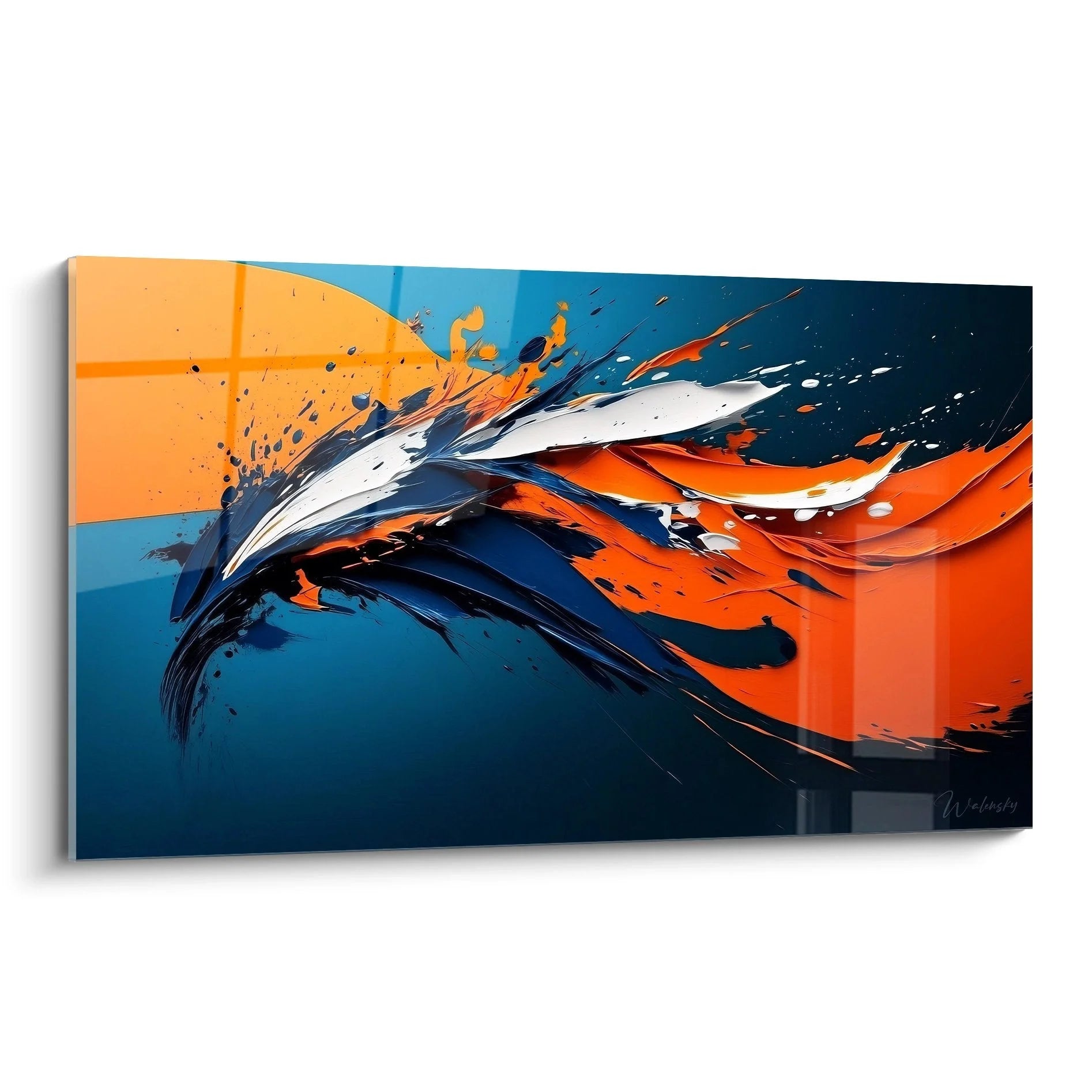 Abstraktes Wandbild mit dynamischer Welle in Orange und Blau - Moderne minimalistische Kunst für Wohnräume