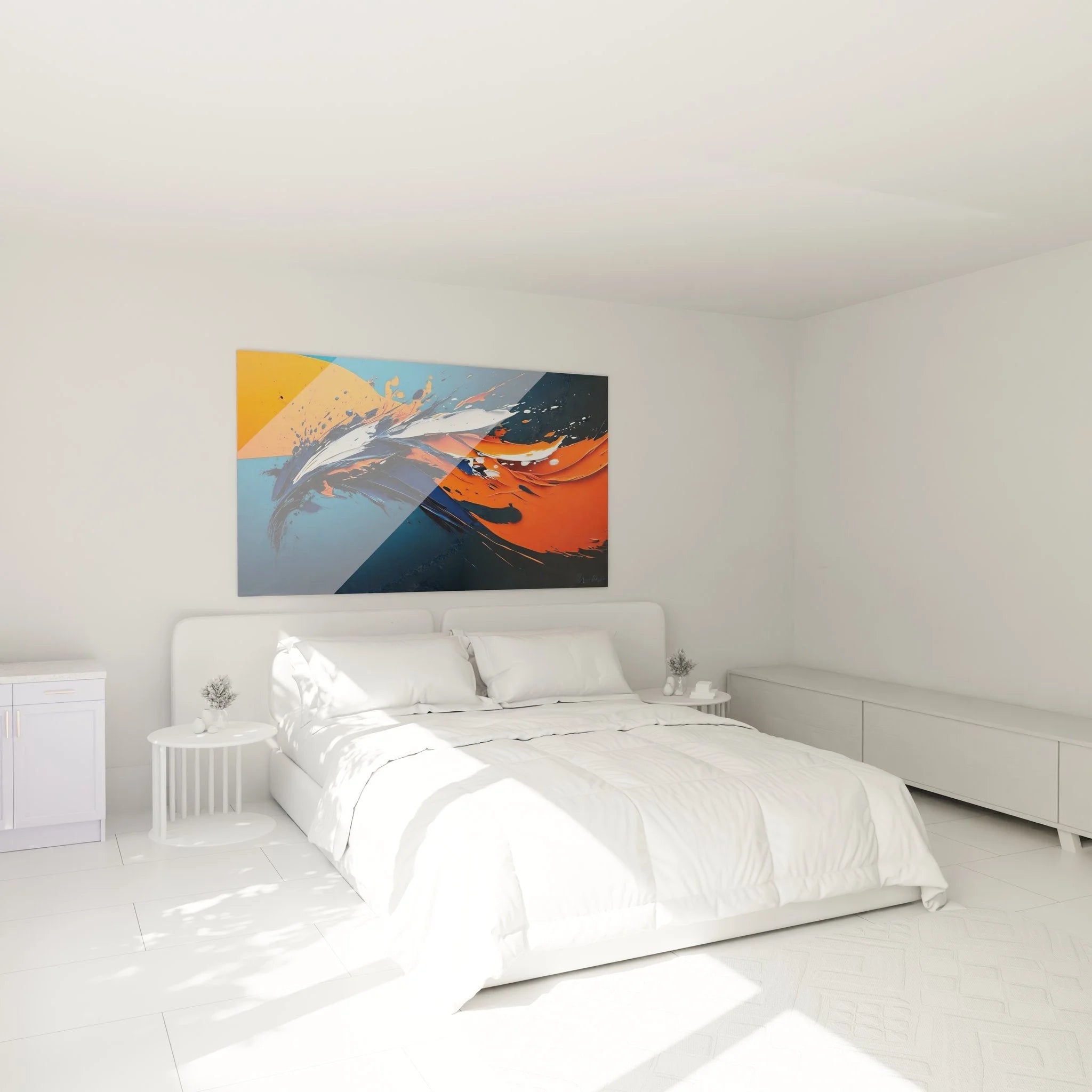 Wandbild abstrakte Welle im Schlafzimmer - Moderne Wanddekoration in Orange und Blau Farbtönen