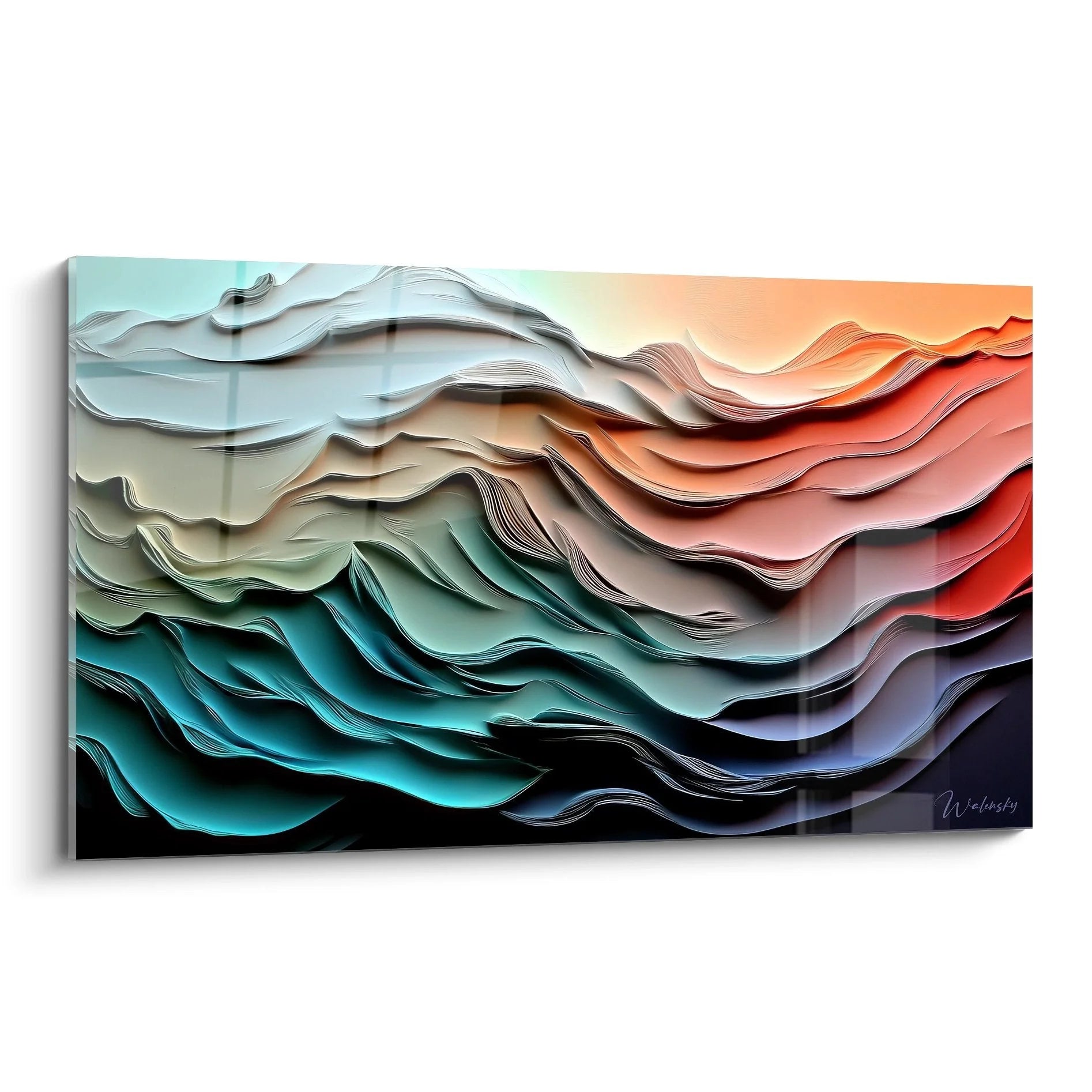 Wandbild abstrakte Wellen mit 3D-Textur in warmen Farben von Türkis bis Koralle