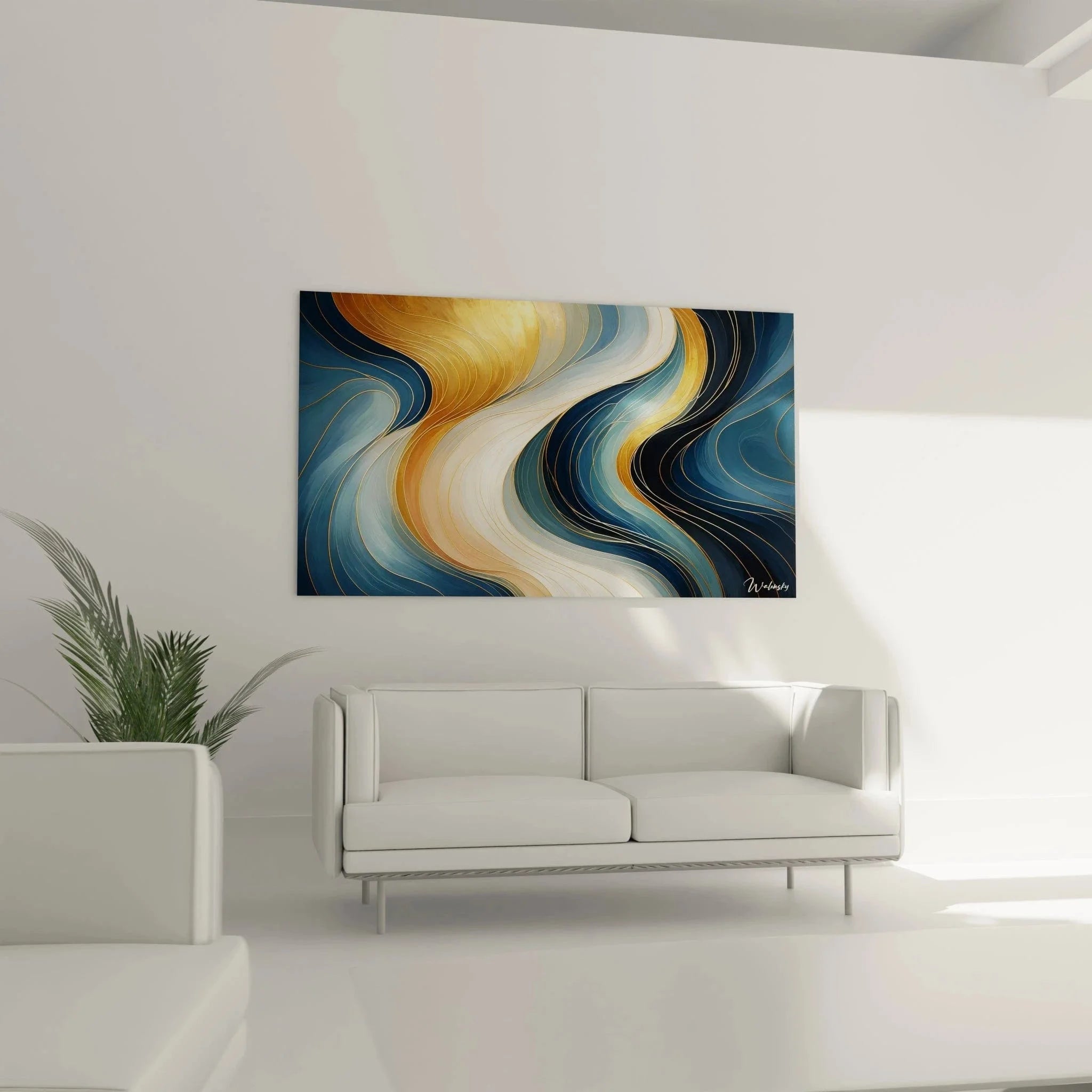 Detailansicht expressionistisches Wandbild mit fließenden goldenen Linien und abstrakten Wellenstrukturen