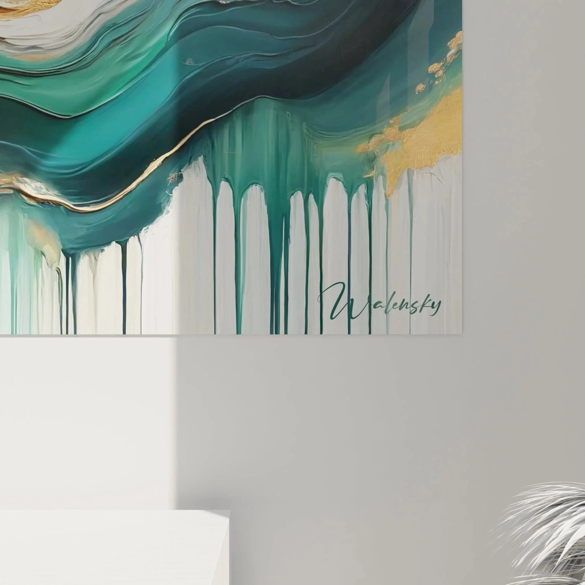 Gesamtansicht abstraktes Wandbild Wellen Gold Türkis Edition Acryl-Optik Wanddekoration