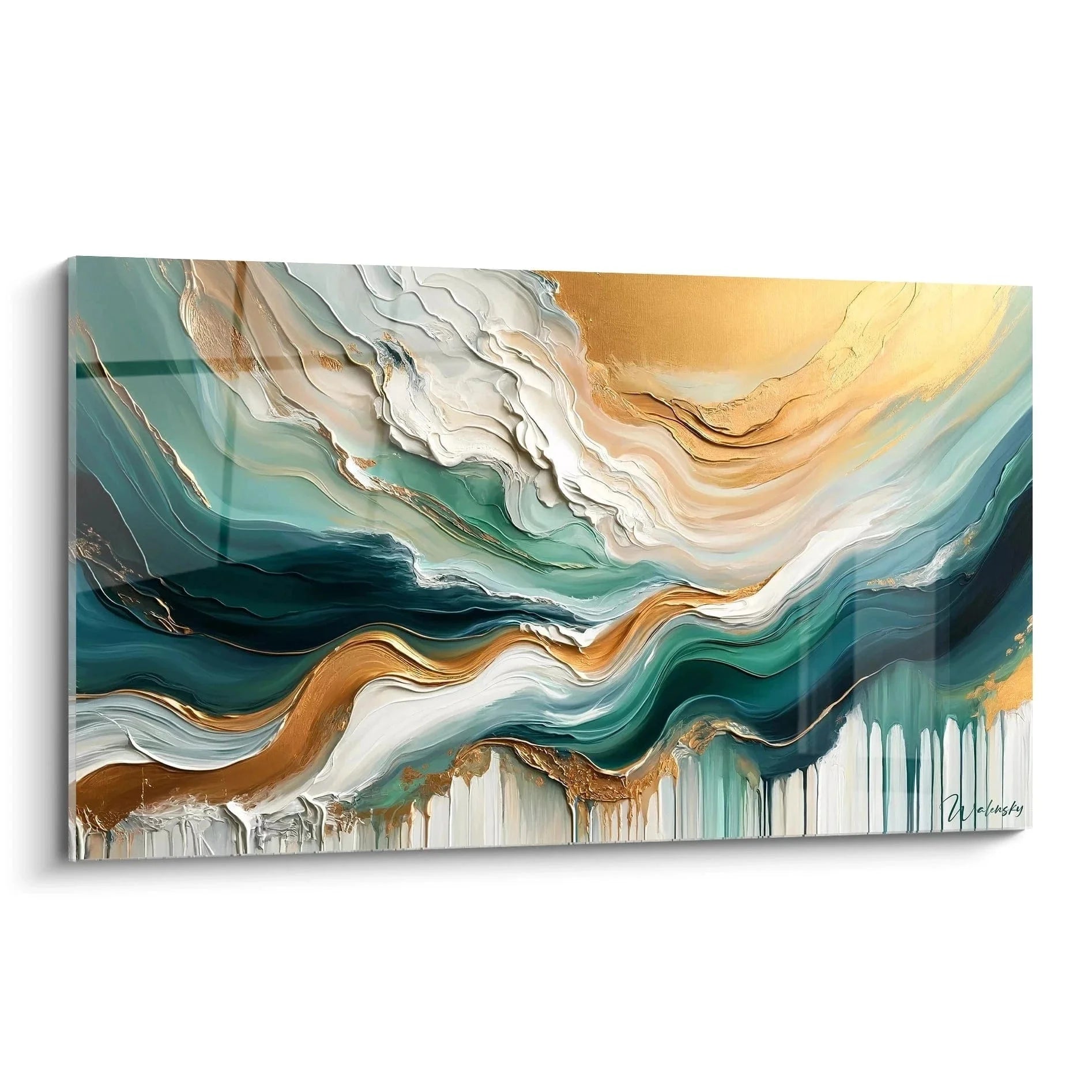 Abstraktes Wandbild goldene Wellen türkis Edition Acryl-Optik moderne Wanddekoration luxuriös