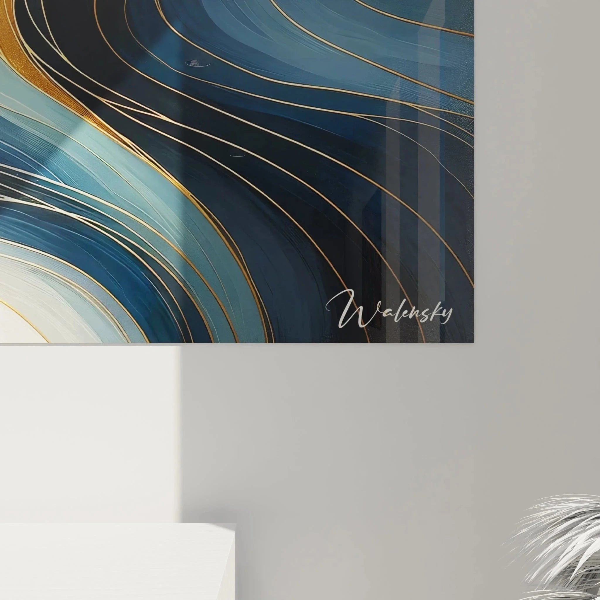 Gesamtansicht Wandbild abstrakte Wellen XXL Format, expressionistische Kunstdruck in Gold-Blau-Farbschema