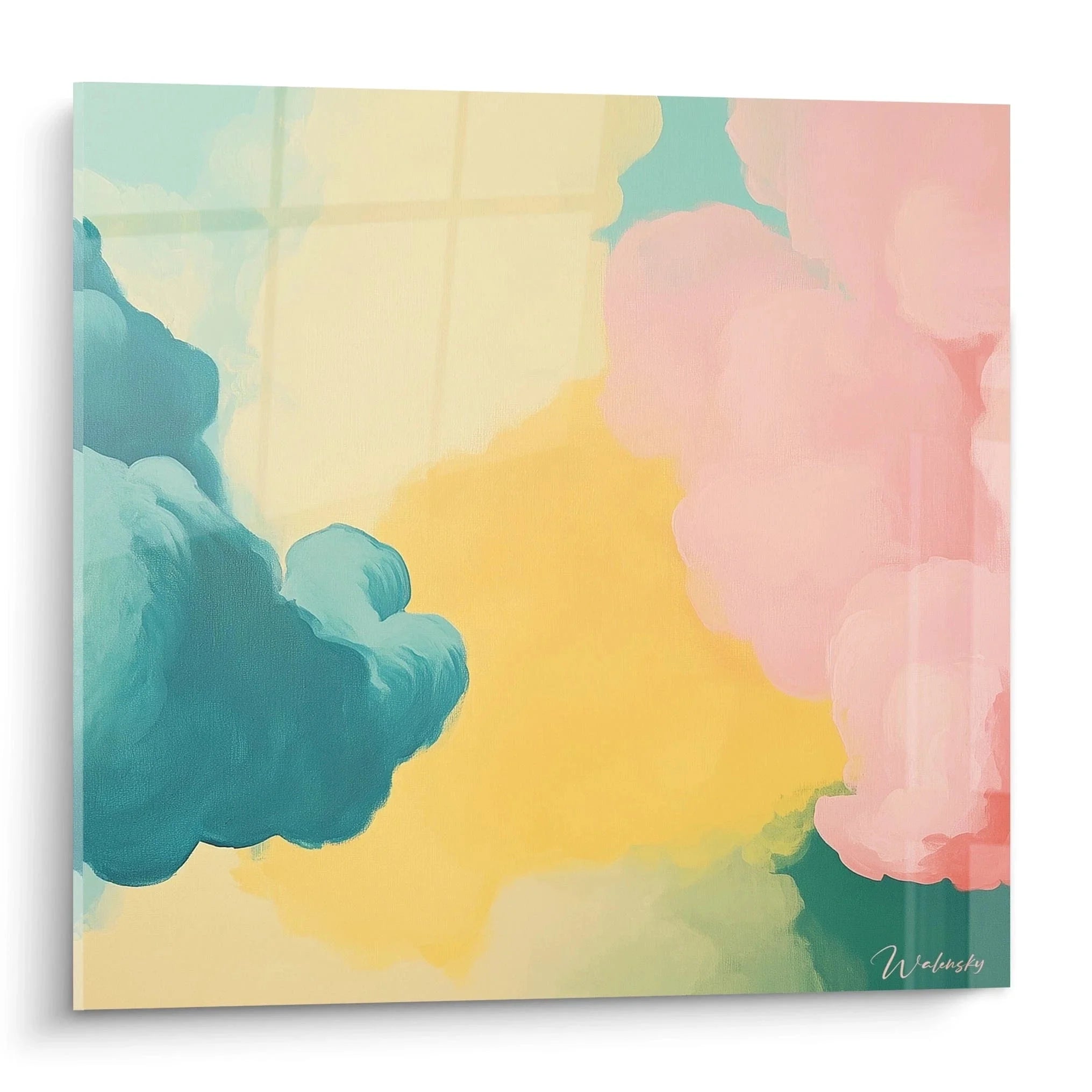 Wandbild abstrakte Wolken in Pastelltönen - expressionistische Kunst mit türkis, gelb und rosa Farben