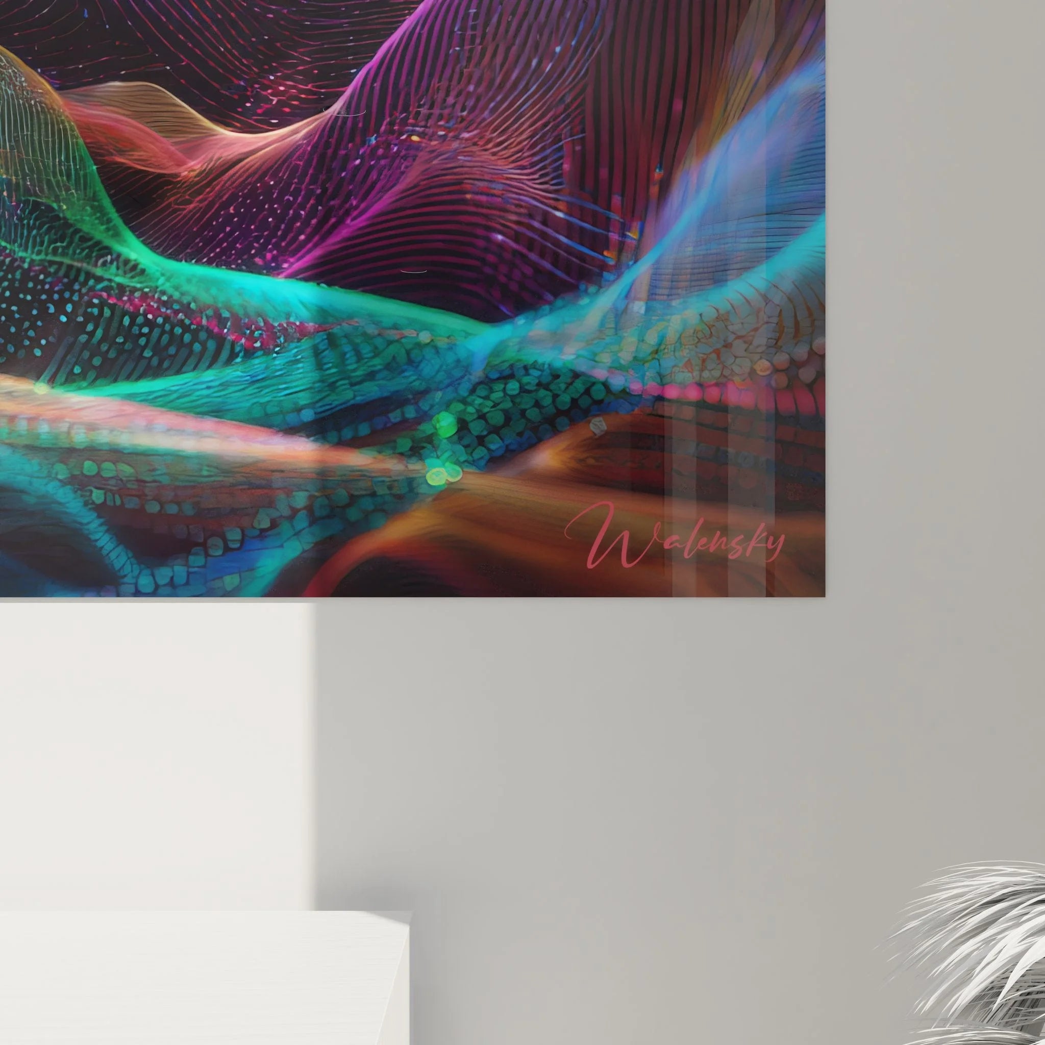 Gesamtansicht Wandbild Abstrakter Futurismus, digitale Traumwelt mit fließenden Lichtspuren