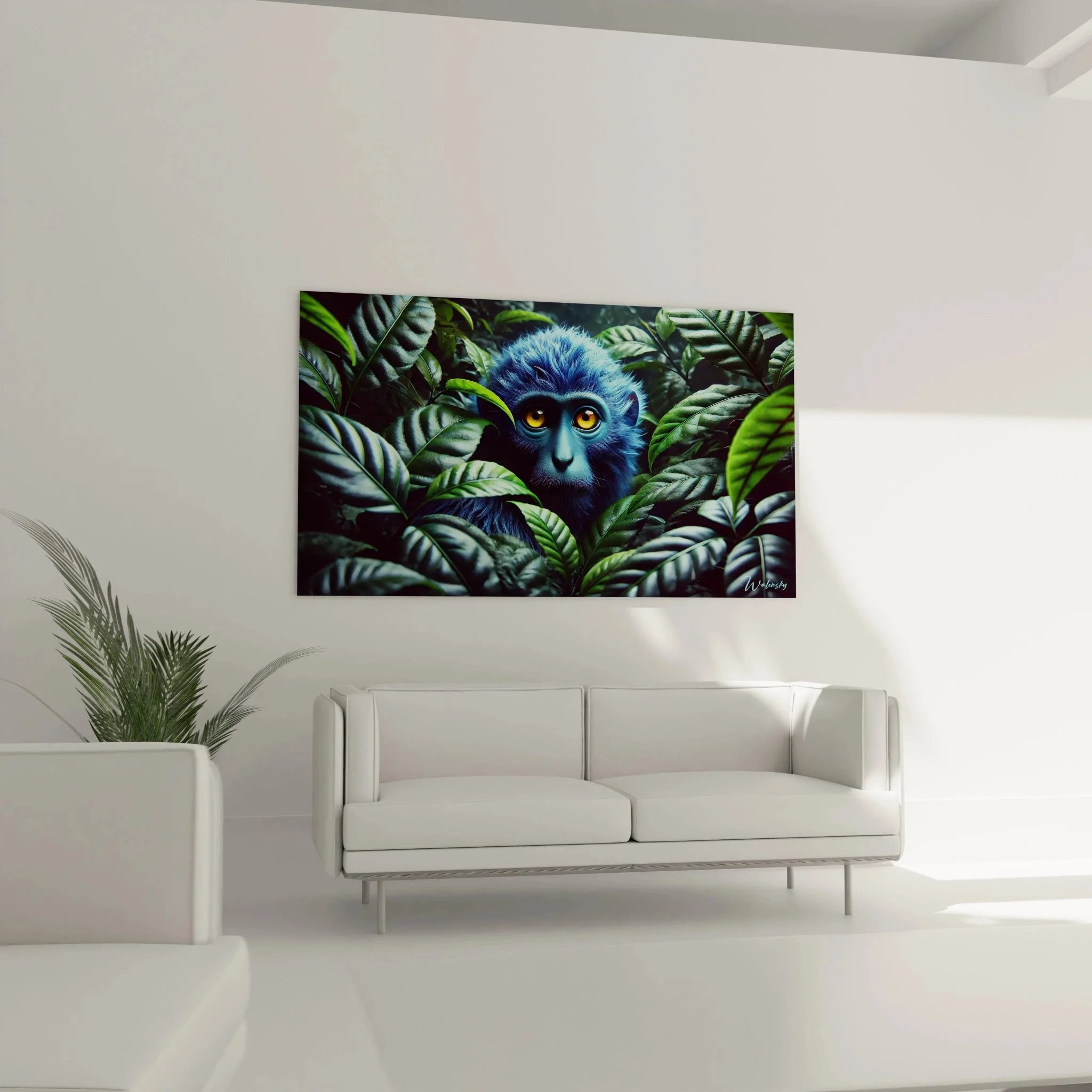 Detailaufnahme Wandbild Blauer Affe zeigt realistische Fellstruktur und intensive Augenpartie