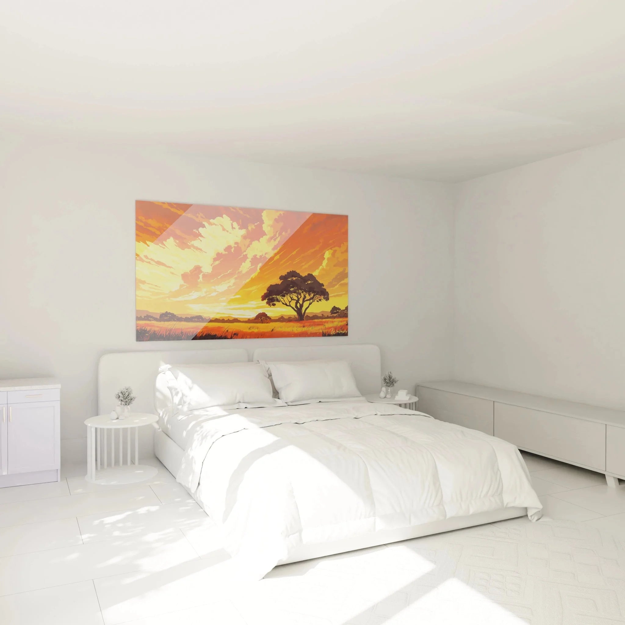 Wandbild Afrika Savanne im Schlafzimmer - Sonnenuntergang Landschaft mit Baum als Wanddekoration