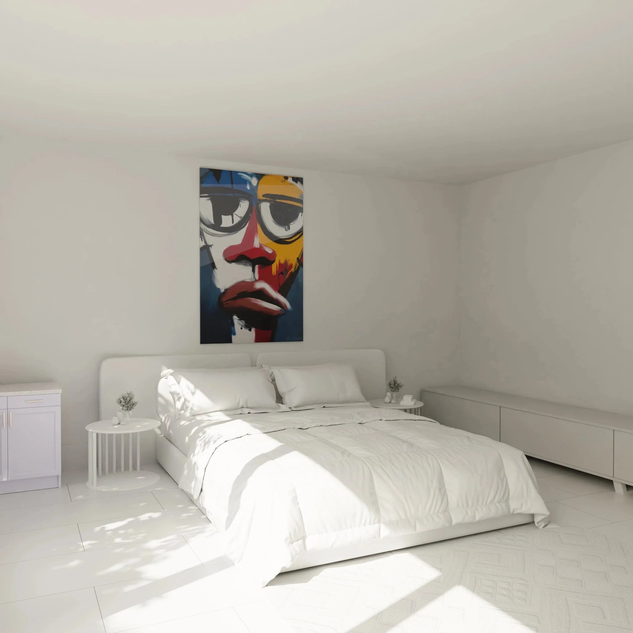 Wandbild afrikanische Maske modern in Schlafzimmer Ambiente mit stilvoller Dekoration