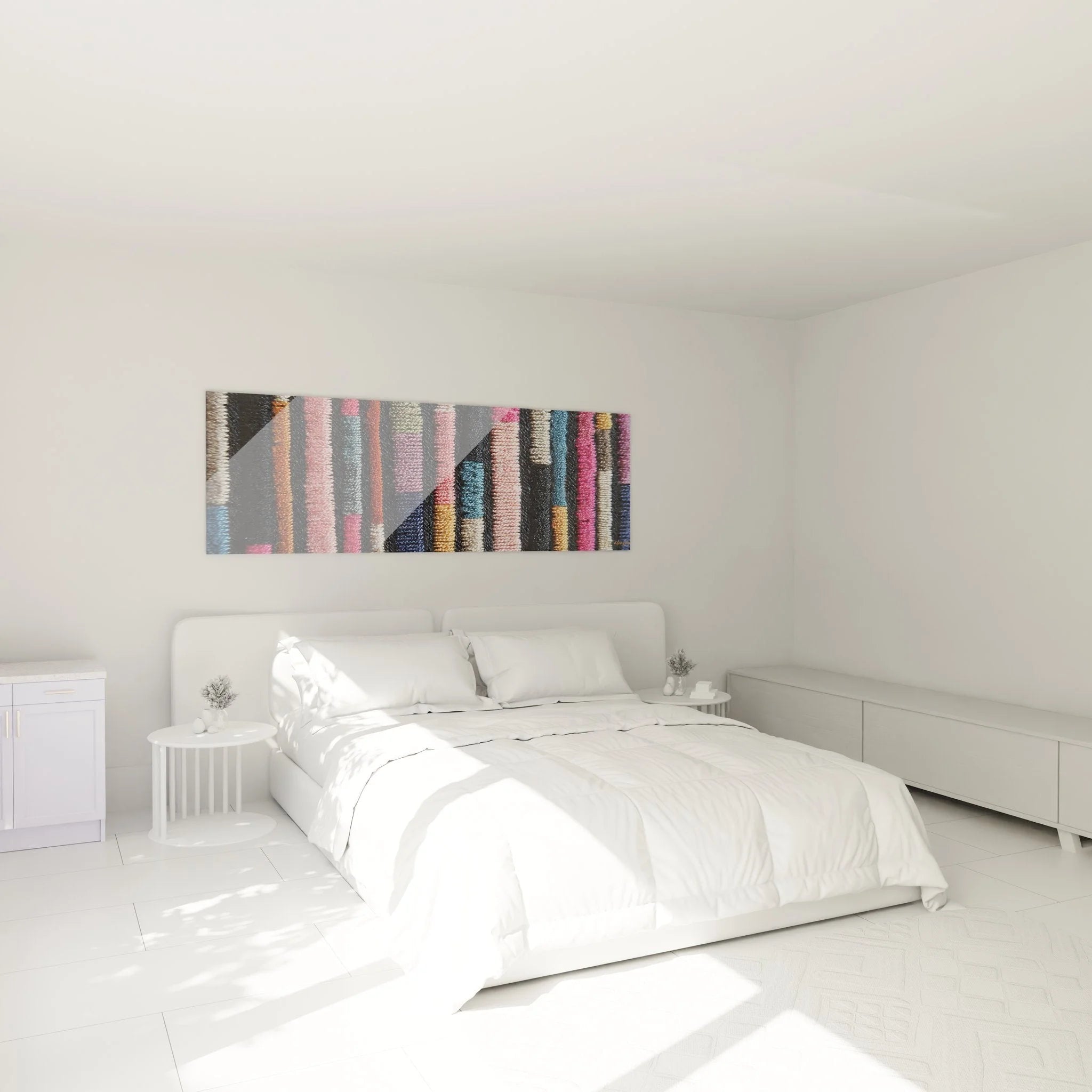 Wandbild afrikanische Stoffe in modernem Schlafzimmer als dekorative Wandgestaltung