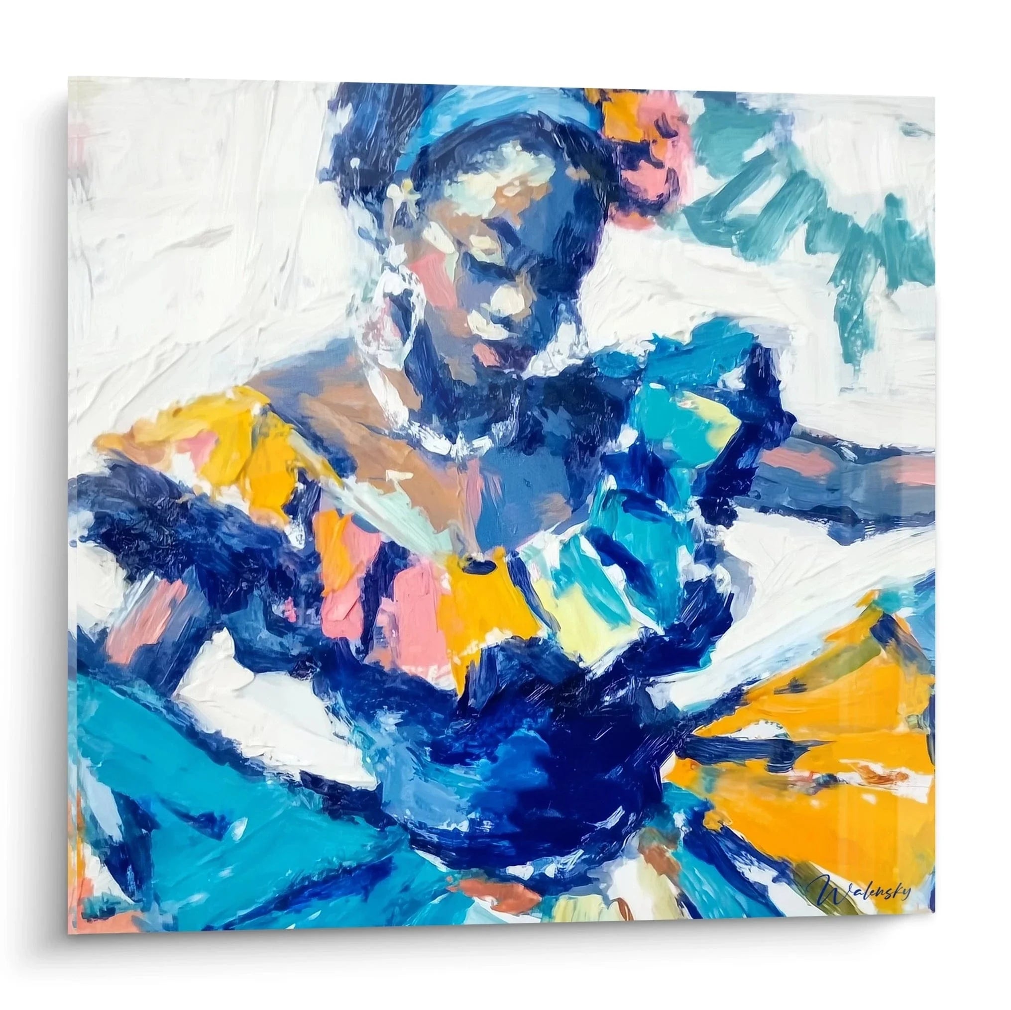 Wandbild afrikanische Tänzerin in blauen Farbtönen, expressionistische Tanzkunst mit dynamischen Pinselstrichen