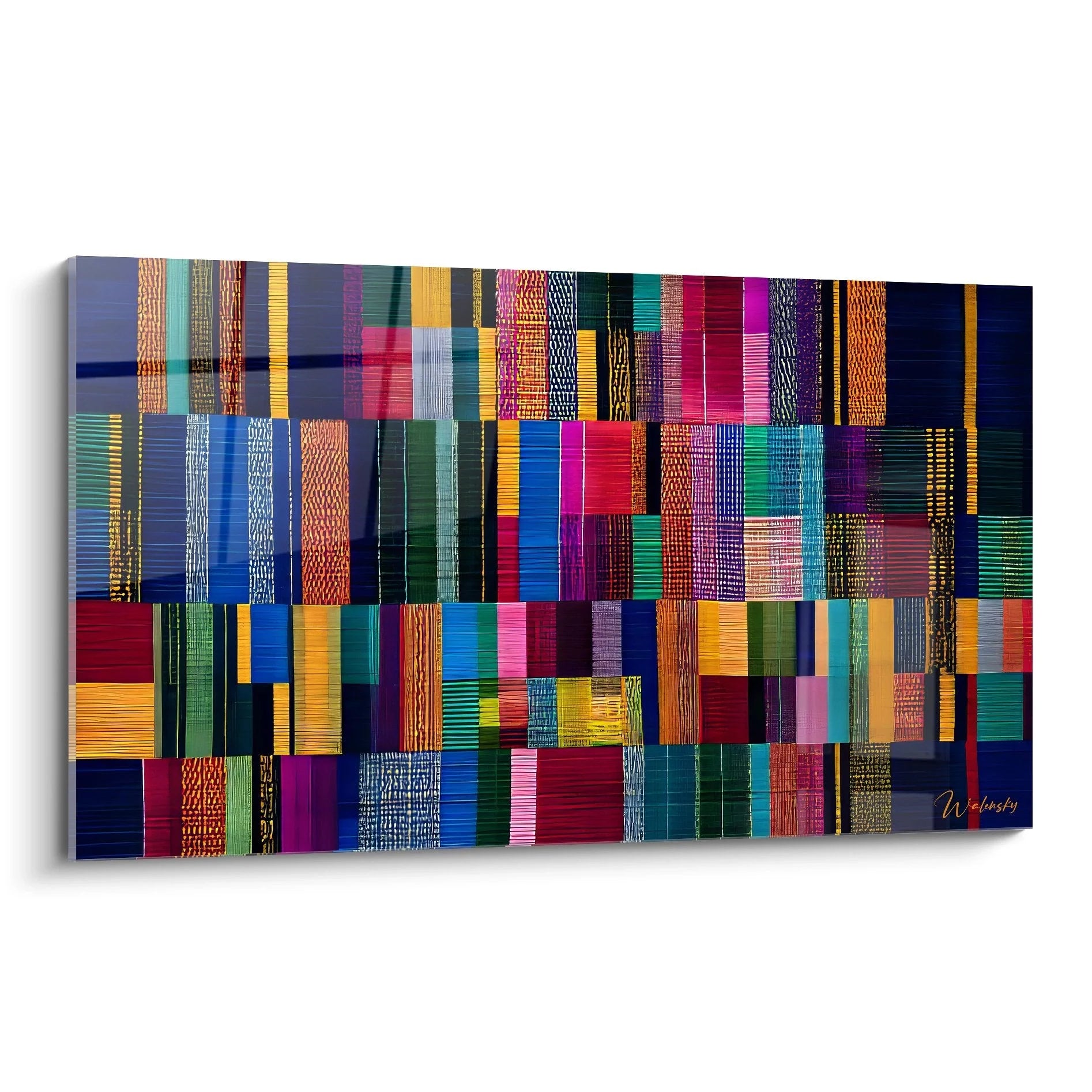 Wandbild afrikanische Textilkunst mit bunten geometrischen Stoffmustern in Patchwork-Design