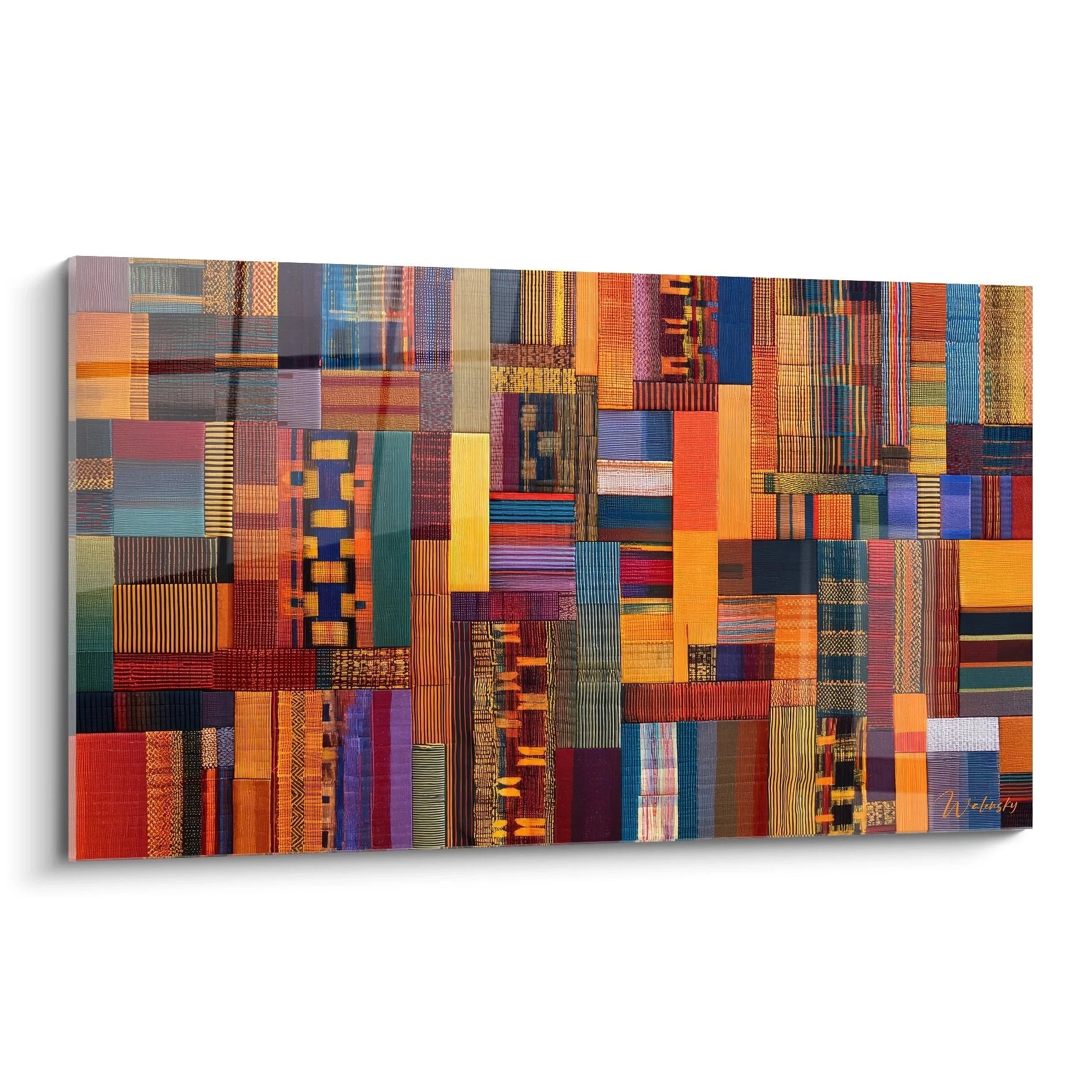 Wandbild mit bunten afrikanischen Textilmustern in Mosaik-Anordnung für moderne Wanddekoration