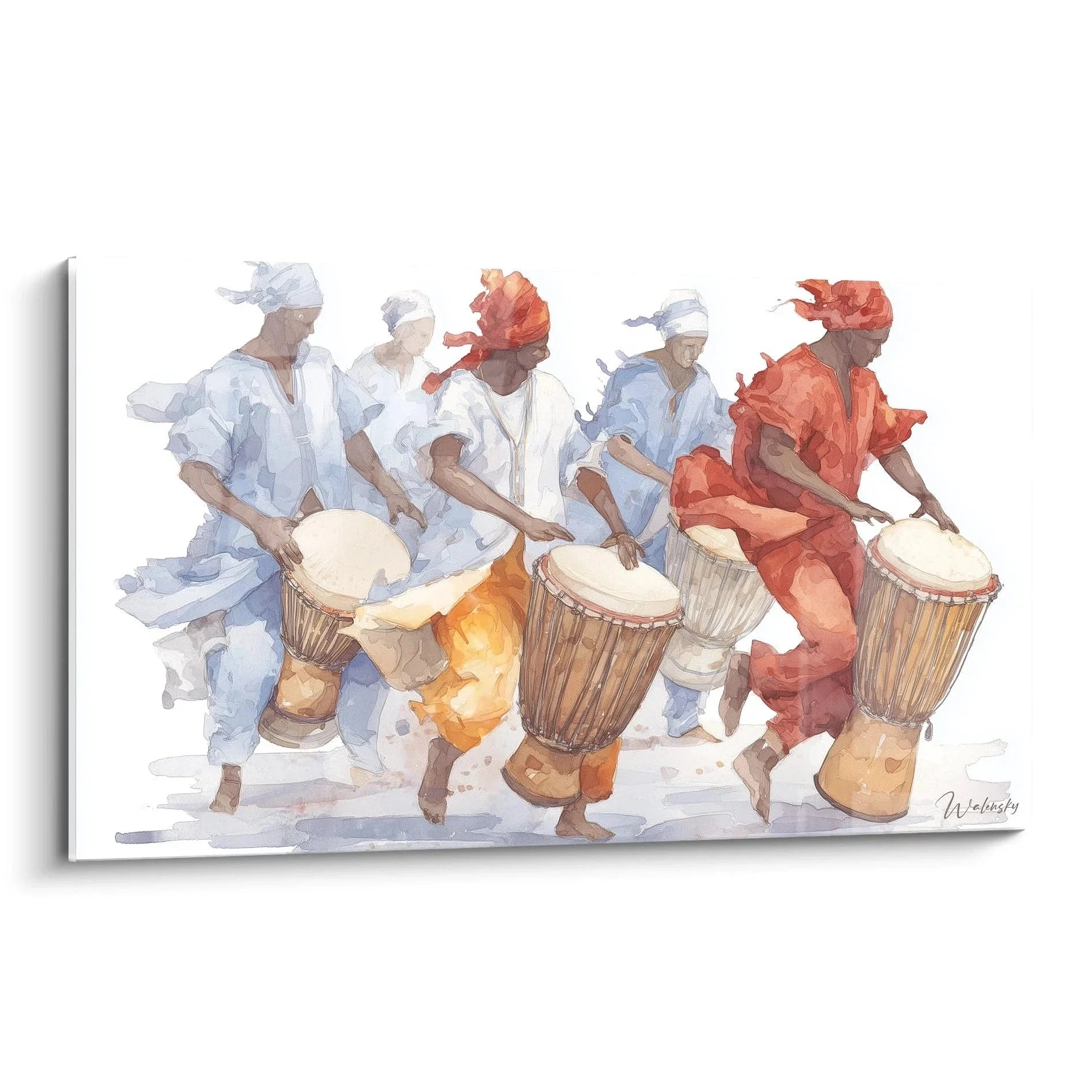 Wandbild Afrikanische Trommelgruppe - Fünf Musiker mit Djembe-Trommeln in traditioneller Kleidung Aquarell-Stil