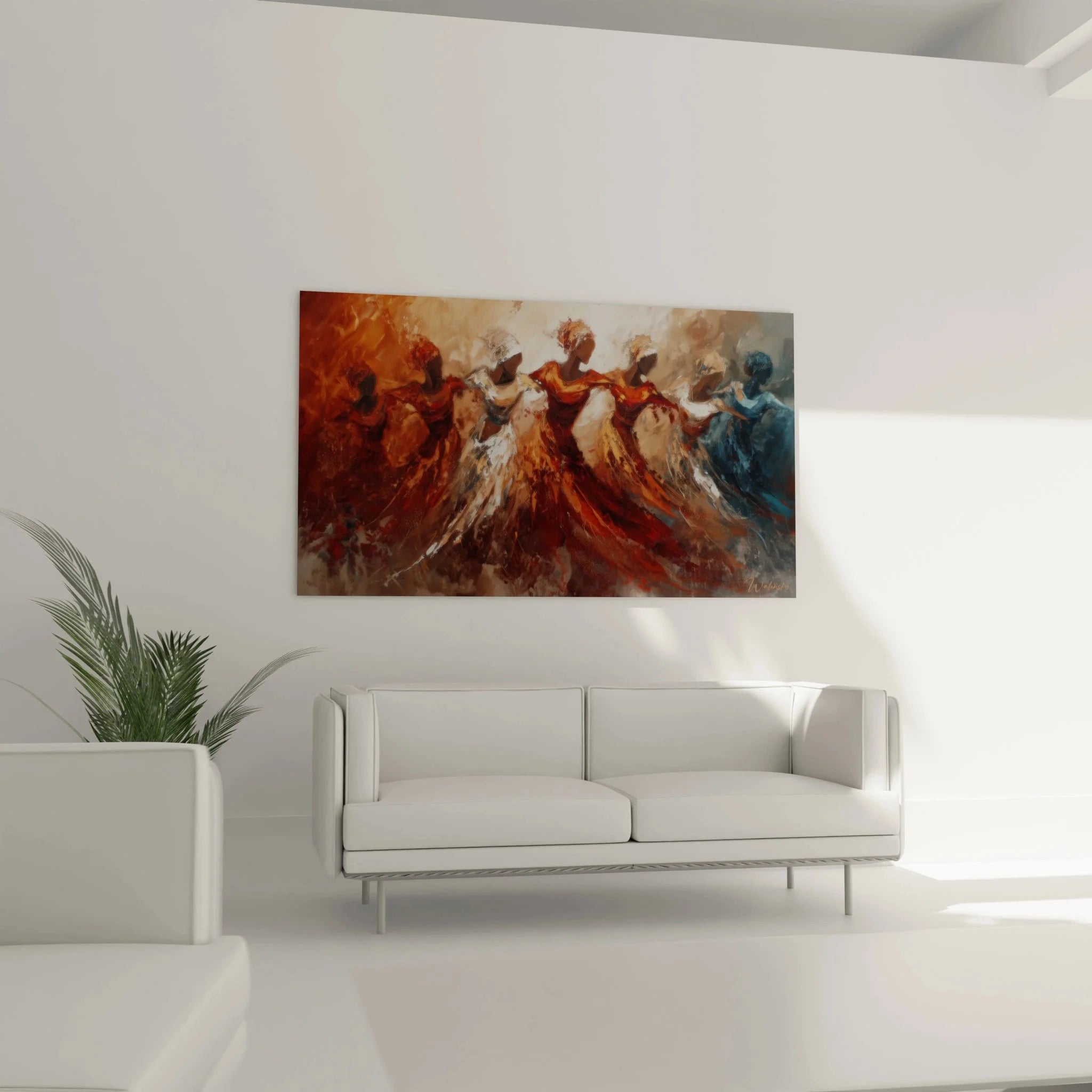 Detailansicht Wandbild afrikanischer Tanz mit expressiver Maltechnik und fließenden Bewegungen der Tänzerinnen