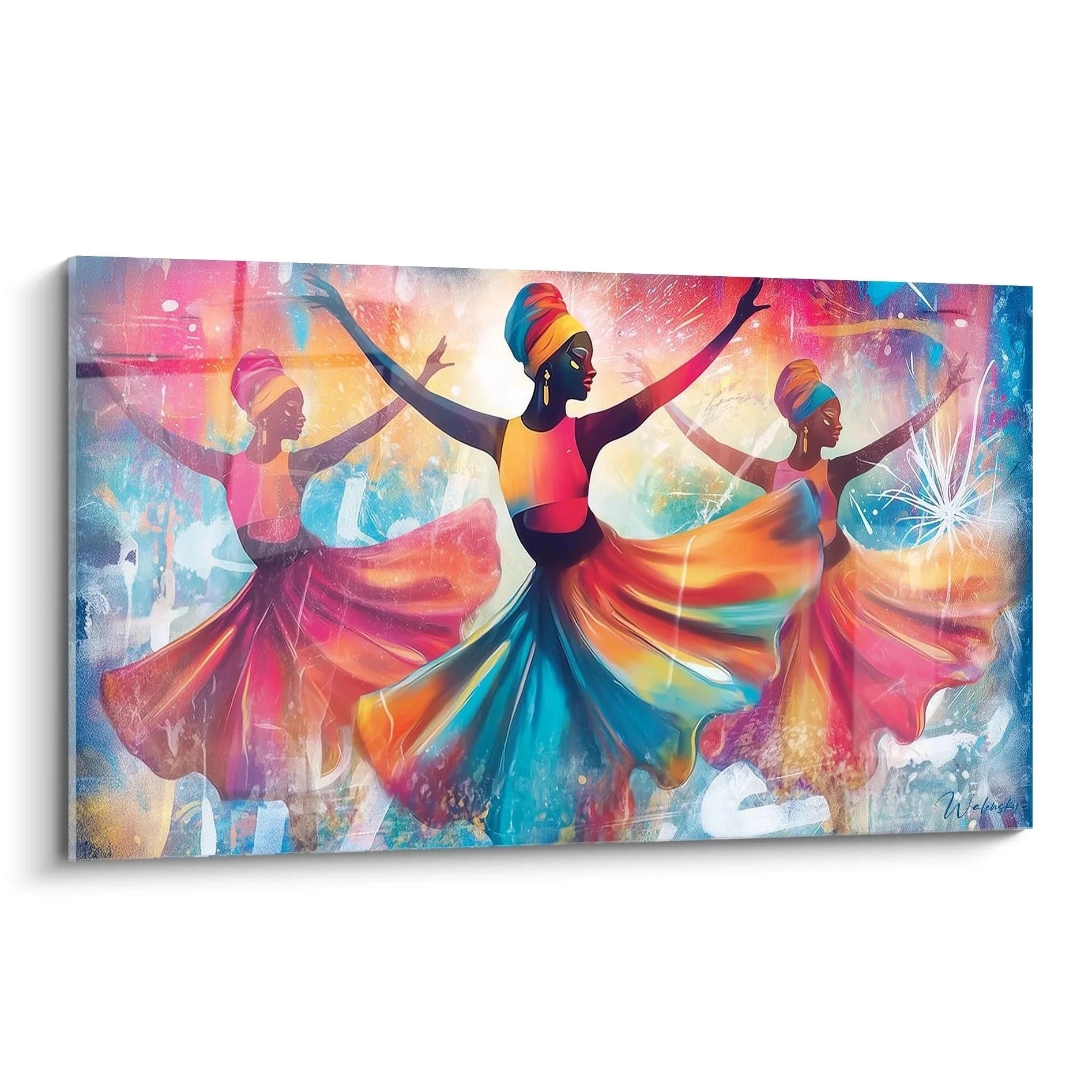 Wandbild drei tanzende afrikanische Frauen in bunten Kleidern mit Regenbogenfarben