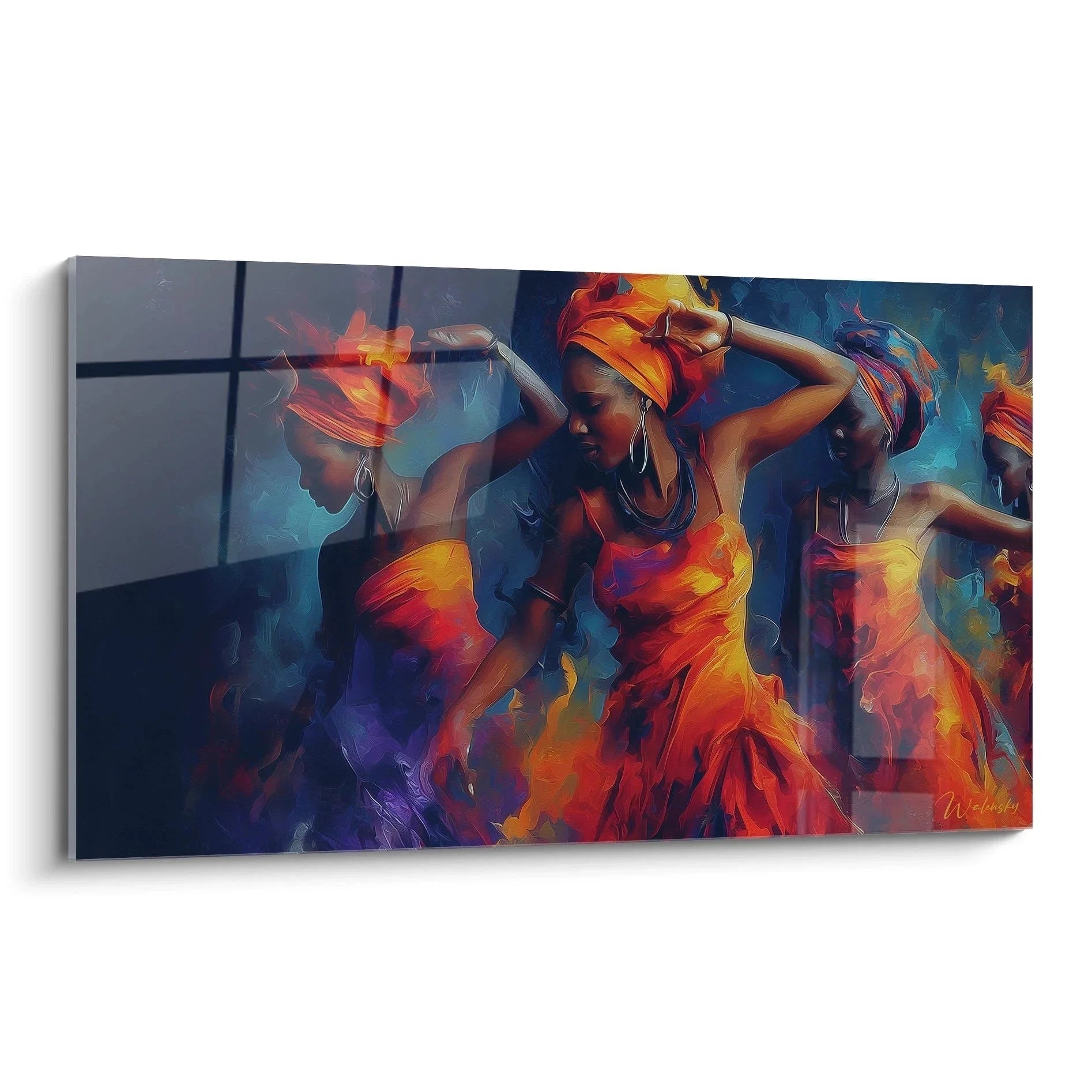 Wandbild Afrikanischer Tanz mit drei tanzenden Frauen in feurigen Rot-Orange Tönen