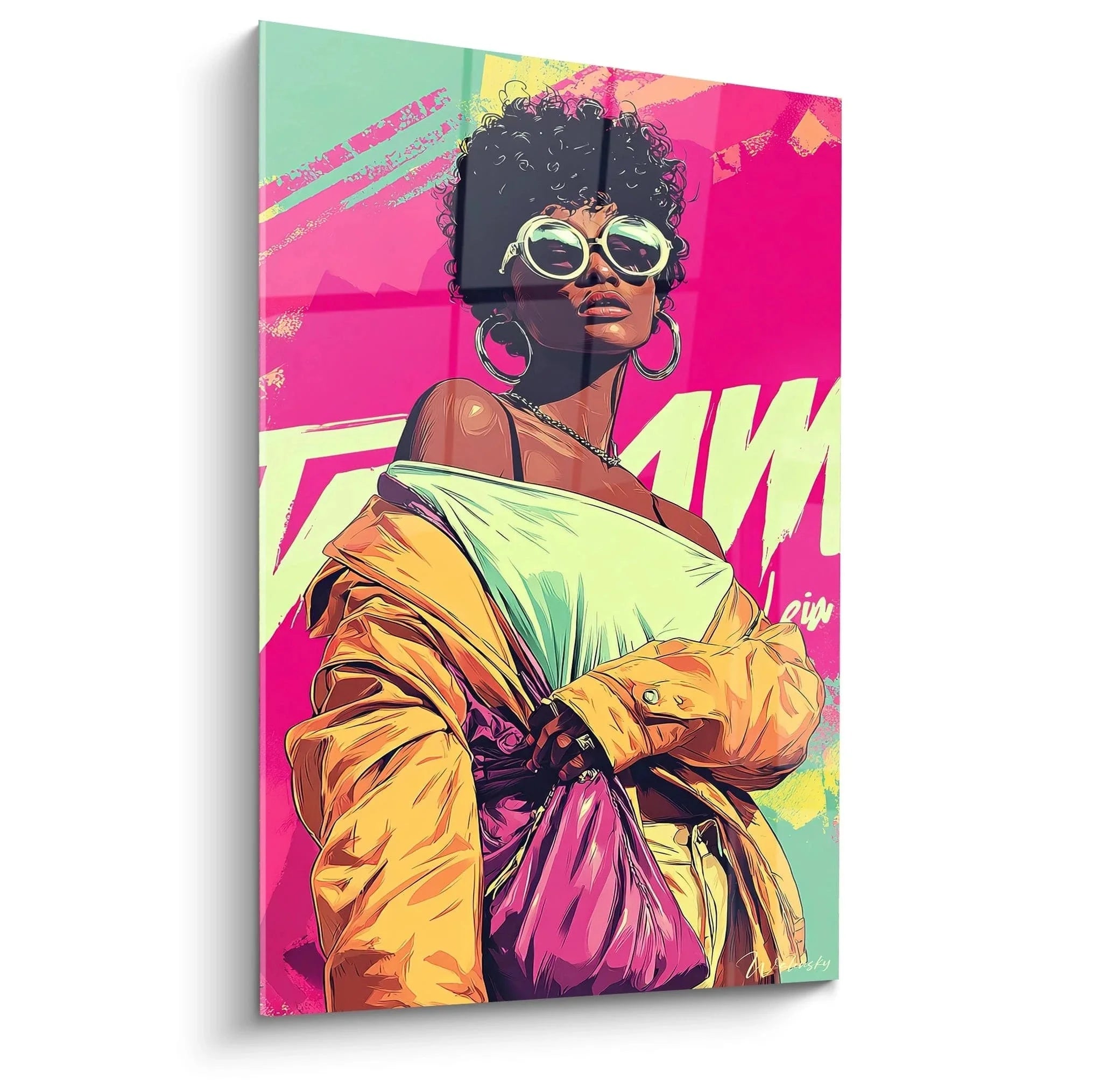 Wandbild afroamerikanische Frau mit Sonnenbrille und gelber Jacke im Miami Vintage Style