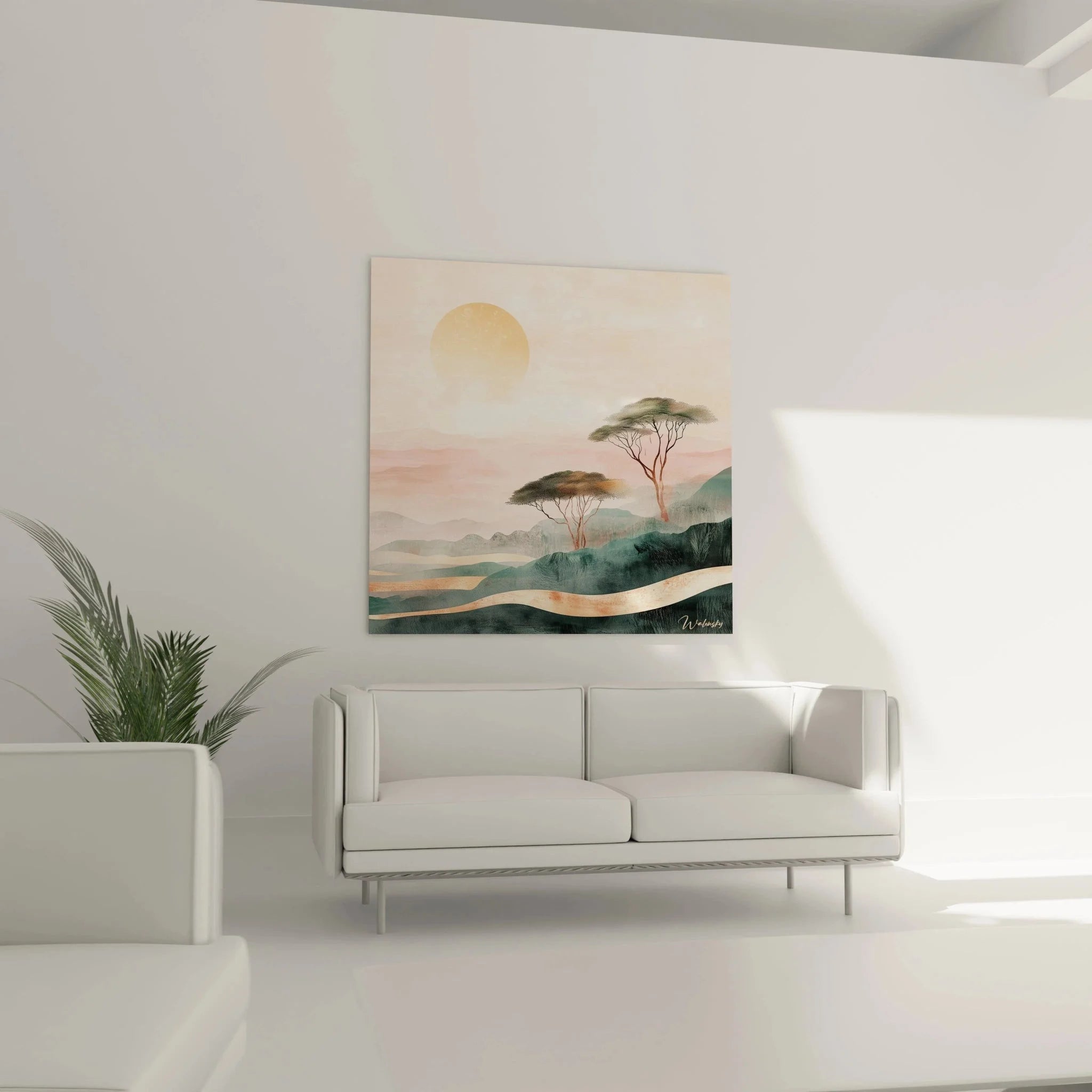 Detailansicht Wandbild Akazienbäume Afrika mit warmen Pastelltönen