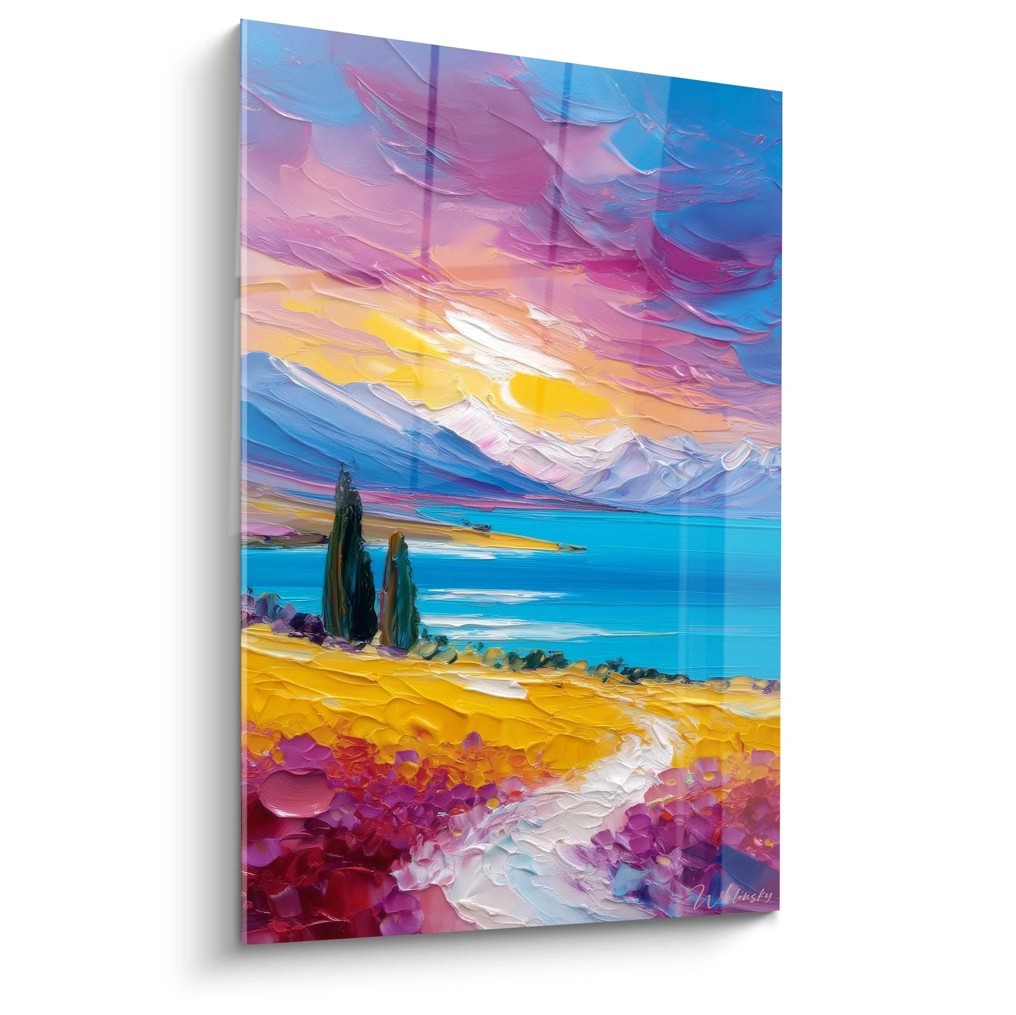 Wandbild Alpensee mediterrane Landschaft mit Zypressen und Sonnenuntergang Leinwandbild XXL