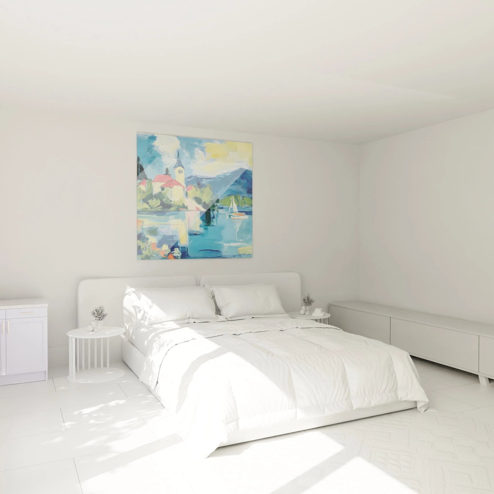 Wandbild Alpensee Kirche im Schlafzimmer - Alpine Seenlandschaft als beruhigende Wanddekoration