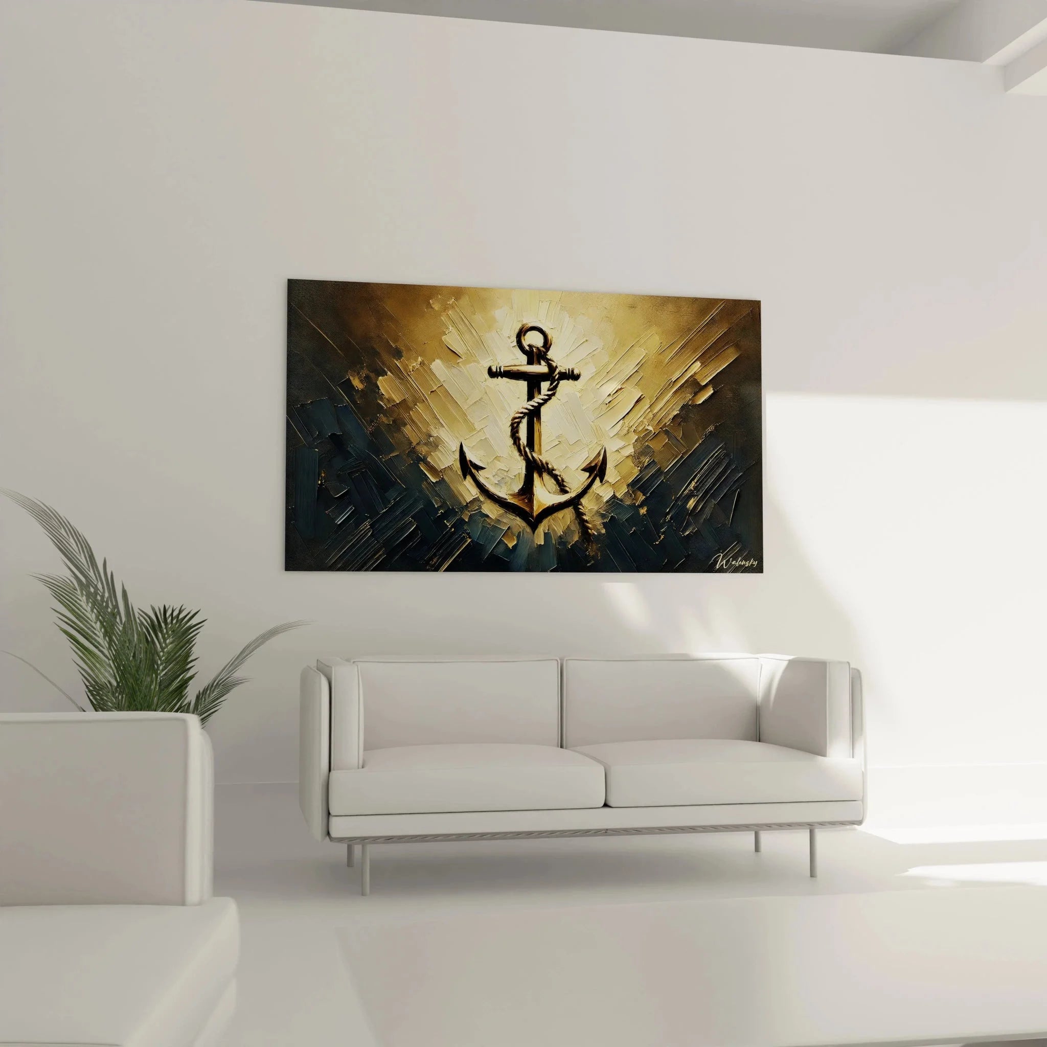Detailansicht Wandbild Anker - Goldene maritime Wandkunst mit Ankerseil und expressiver Malweise