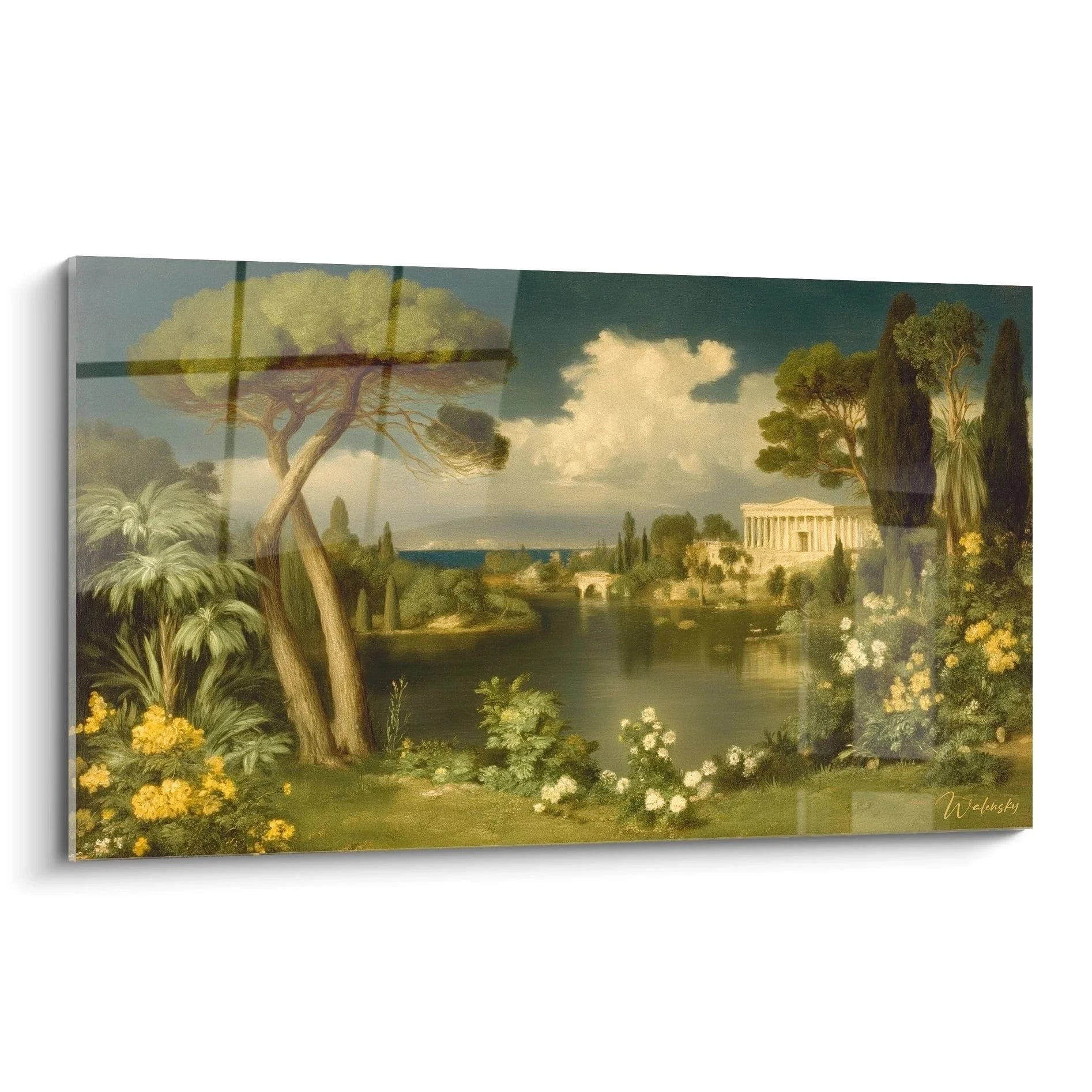 Wandbild antike Landschaft mit Tempel und arkadischer Idylle im neoklassizistischen Stil