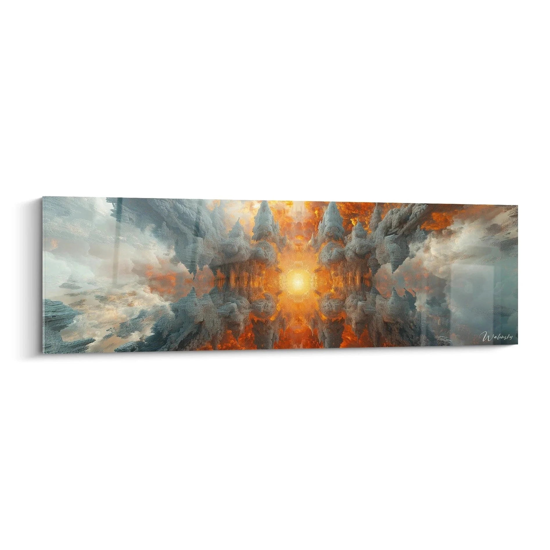 Wandbild Apokalypse XXL futuristisch mit dramatischen Wolkensäulen und zentraler Lichtsonne in Orange Gold