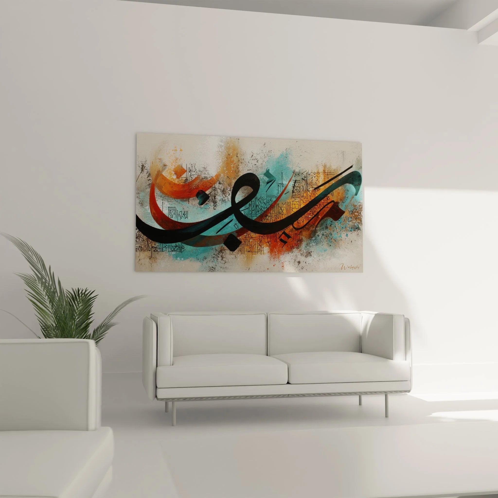 Detailansicht arabische Kalligrafie Wandbild - Traditionelle Schriftkunst mit abstrakten Farben