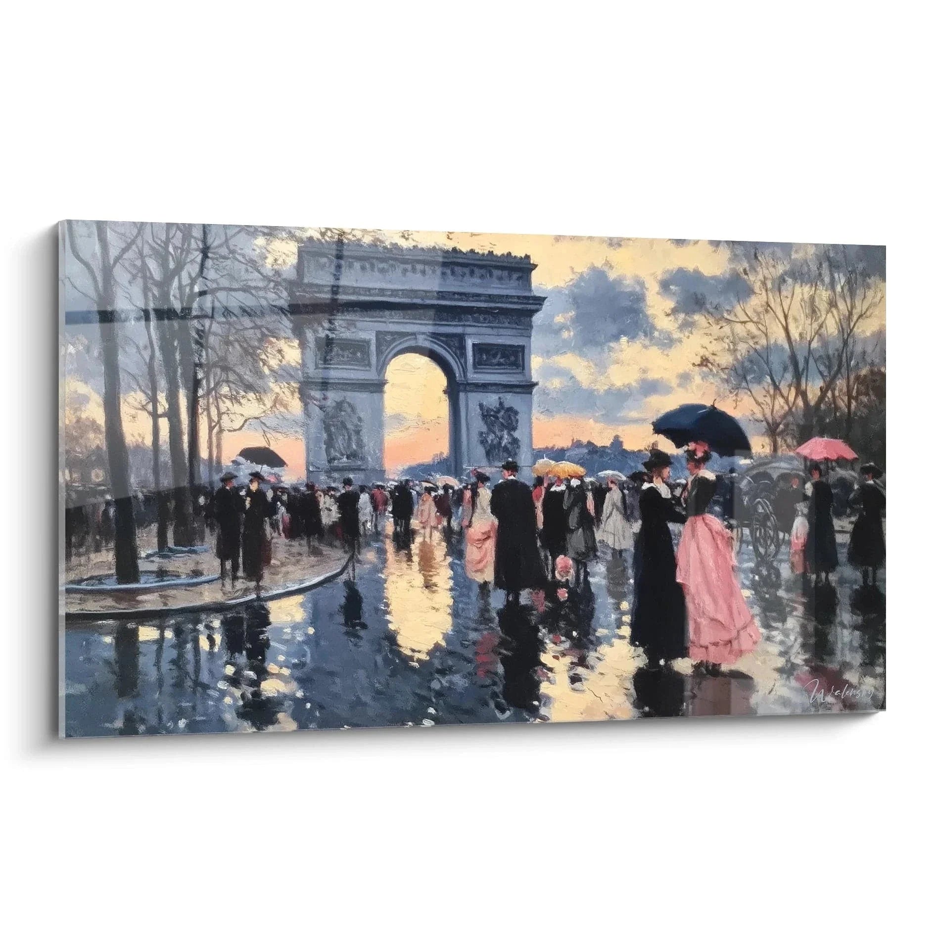 Wandbild Arc de Triomphe Paris bei Regen mit Menschen und Regenschirmen im klassizistischen Stil