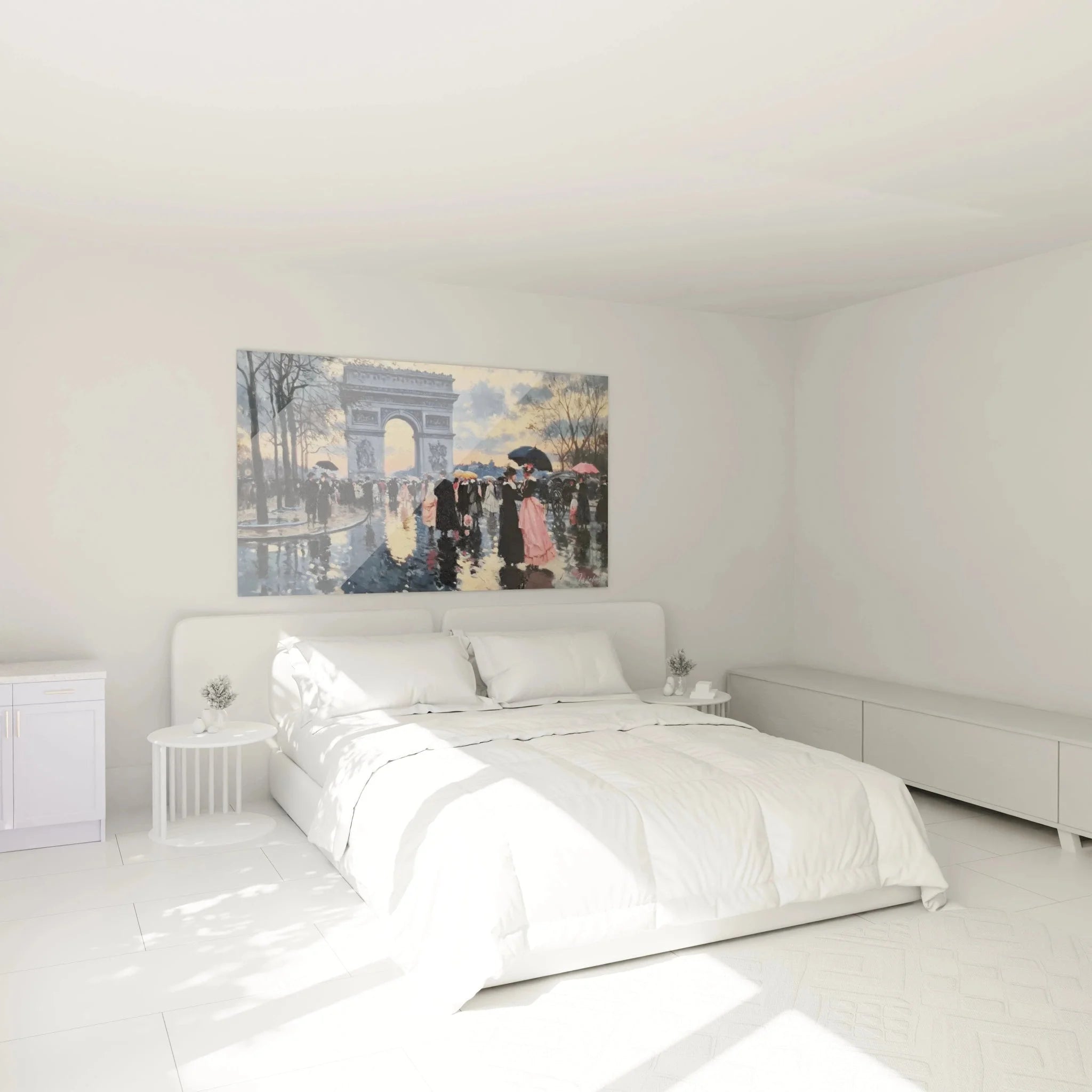 Elegantes Wandbild Arc de Triomphe Regenszene im Schlafzimmer als stilvolle Wanddekoration
